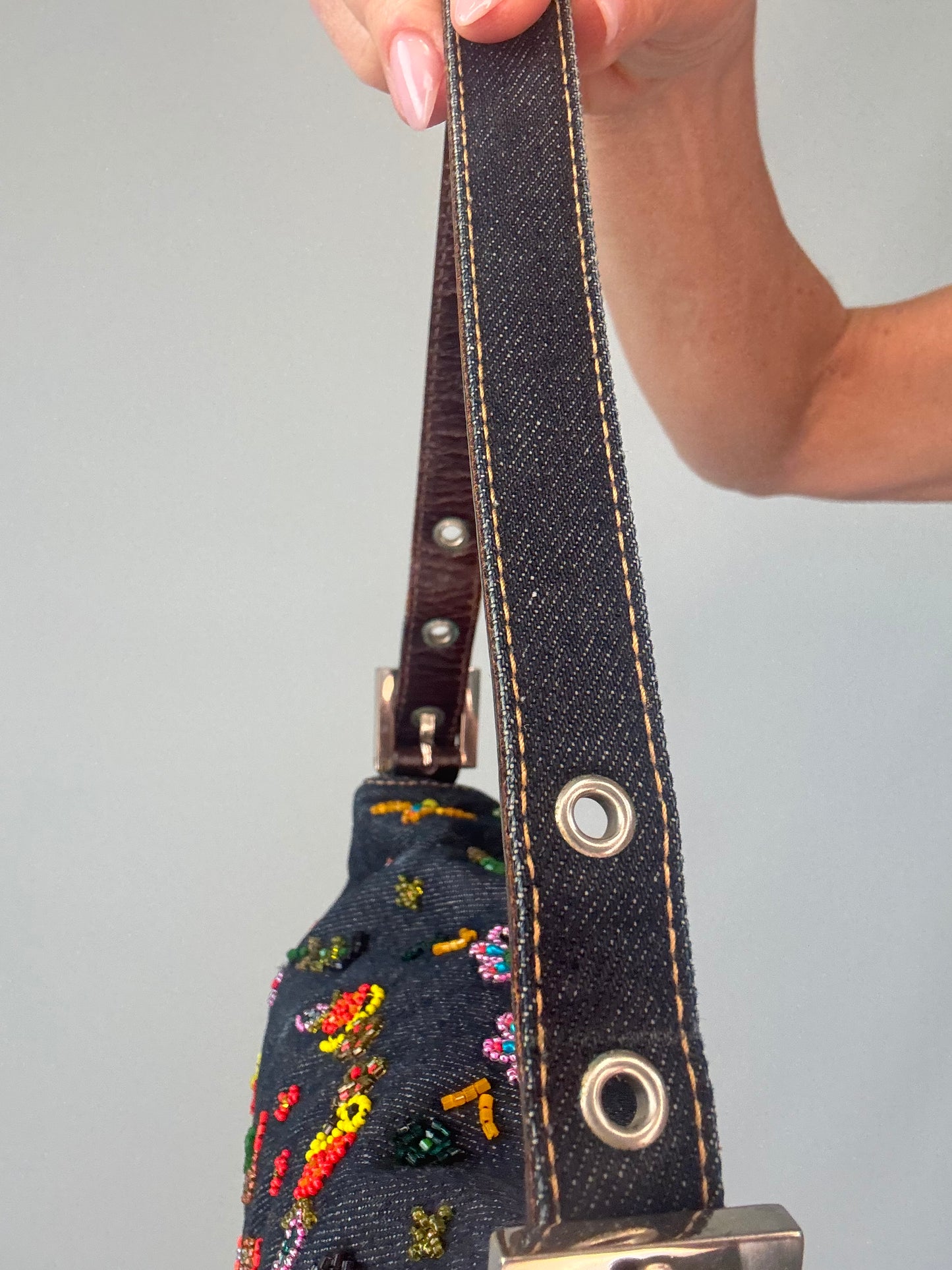 Fendi Denim Floral Beaded Baguette left side strap 