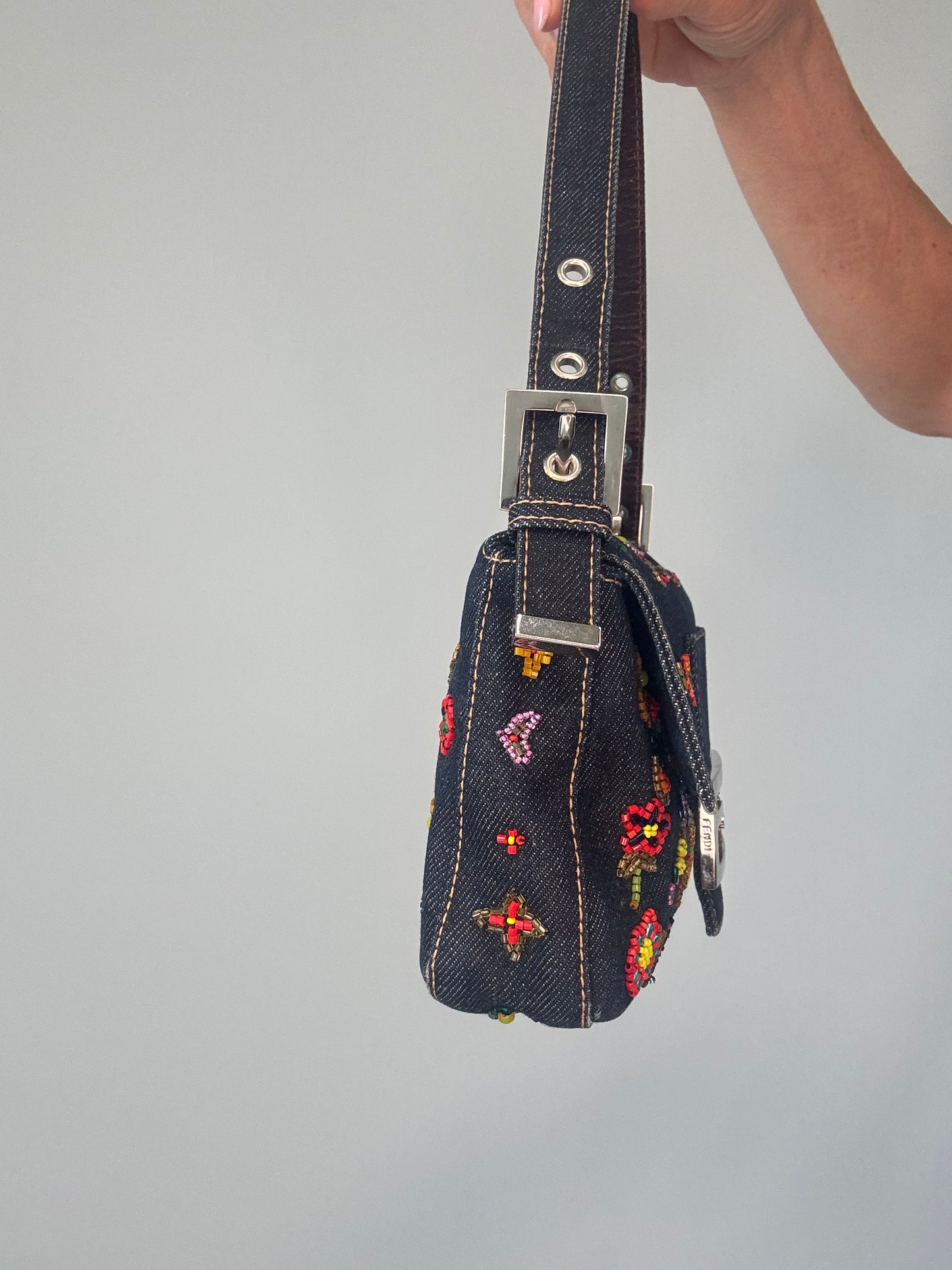 Fendi Denim Floral Beaded Baguette left side