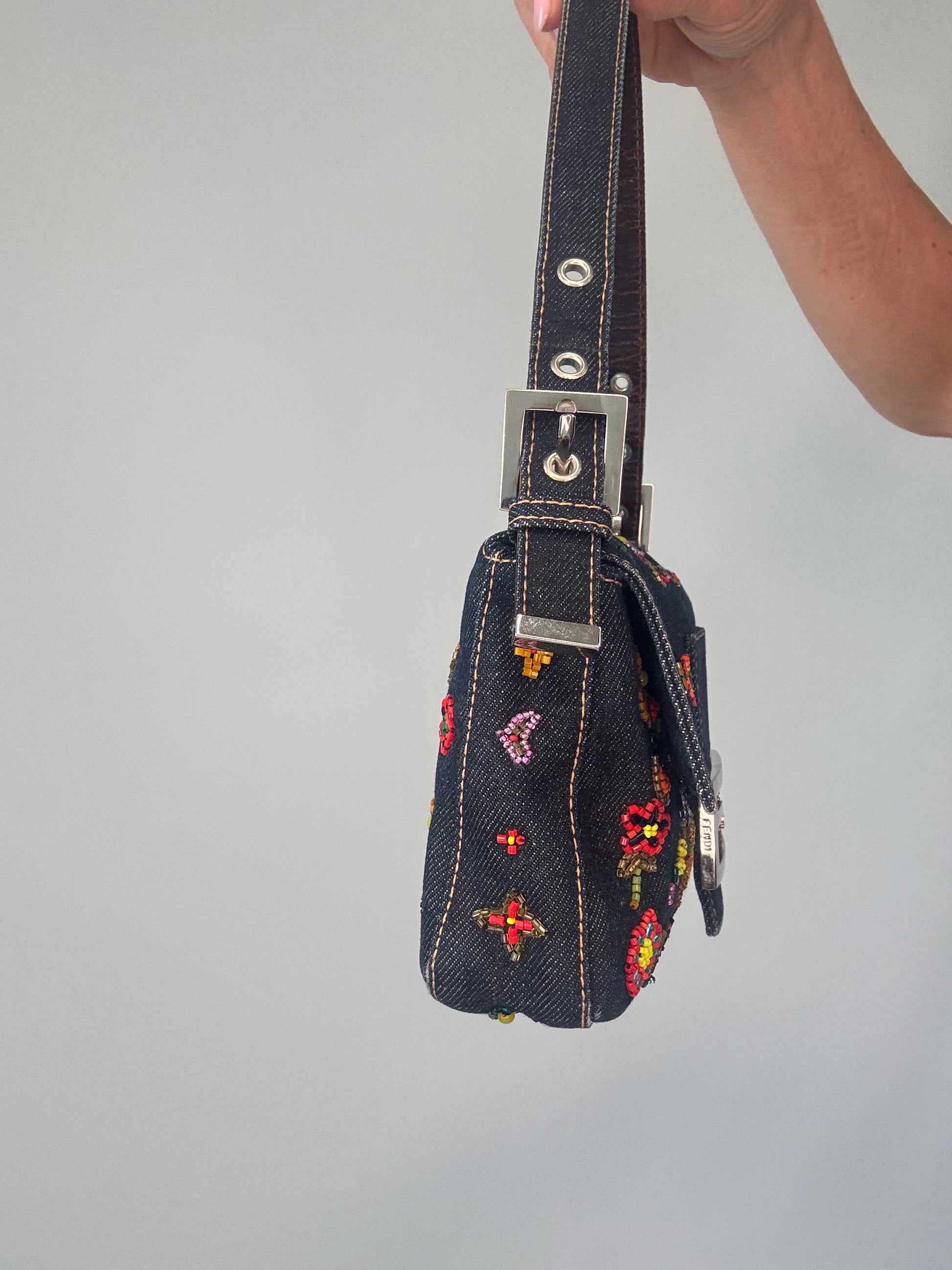 Fendi Denim Floral Beaded Baguette left side