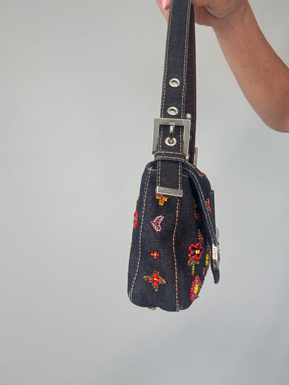 Fendi Denim Floral Beaded Baguette left side