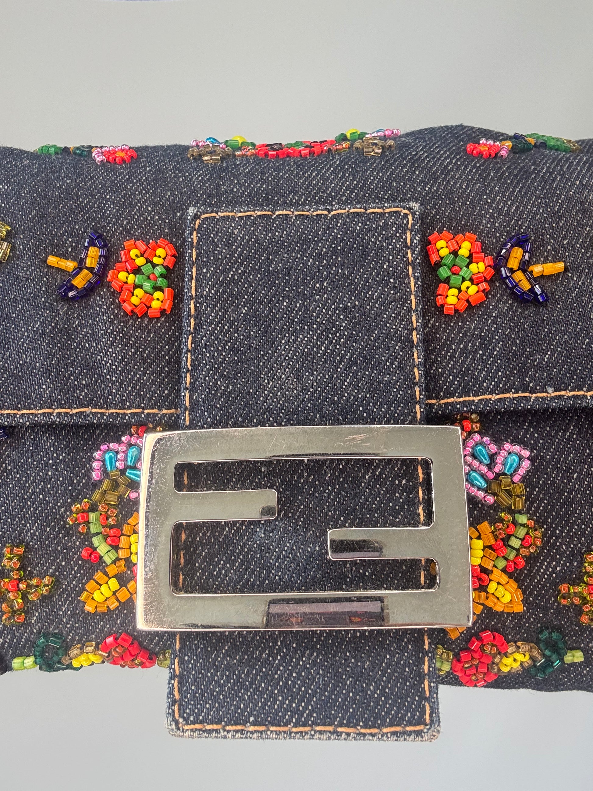 Fendi Denim Floral Beaded Baguette logo clasp