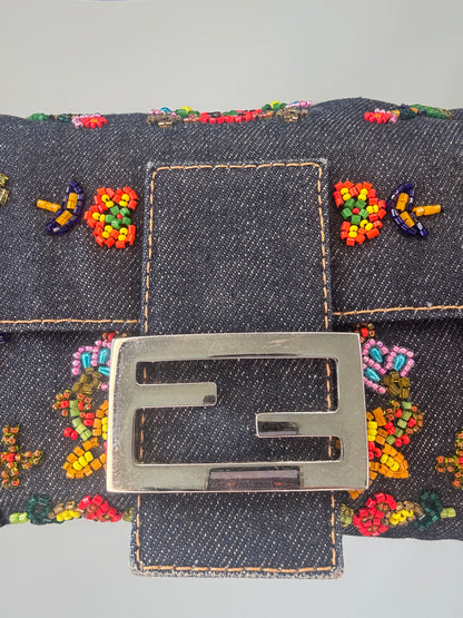 Fendi Denim Floral Beaded Baguette logo clasp