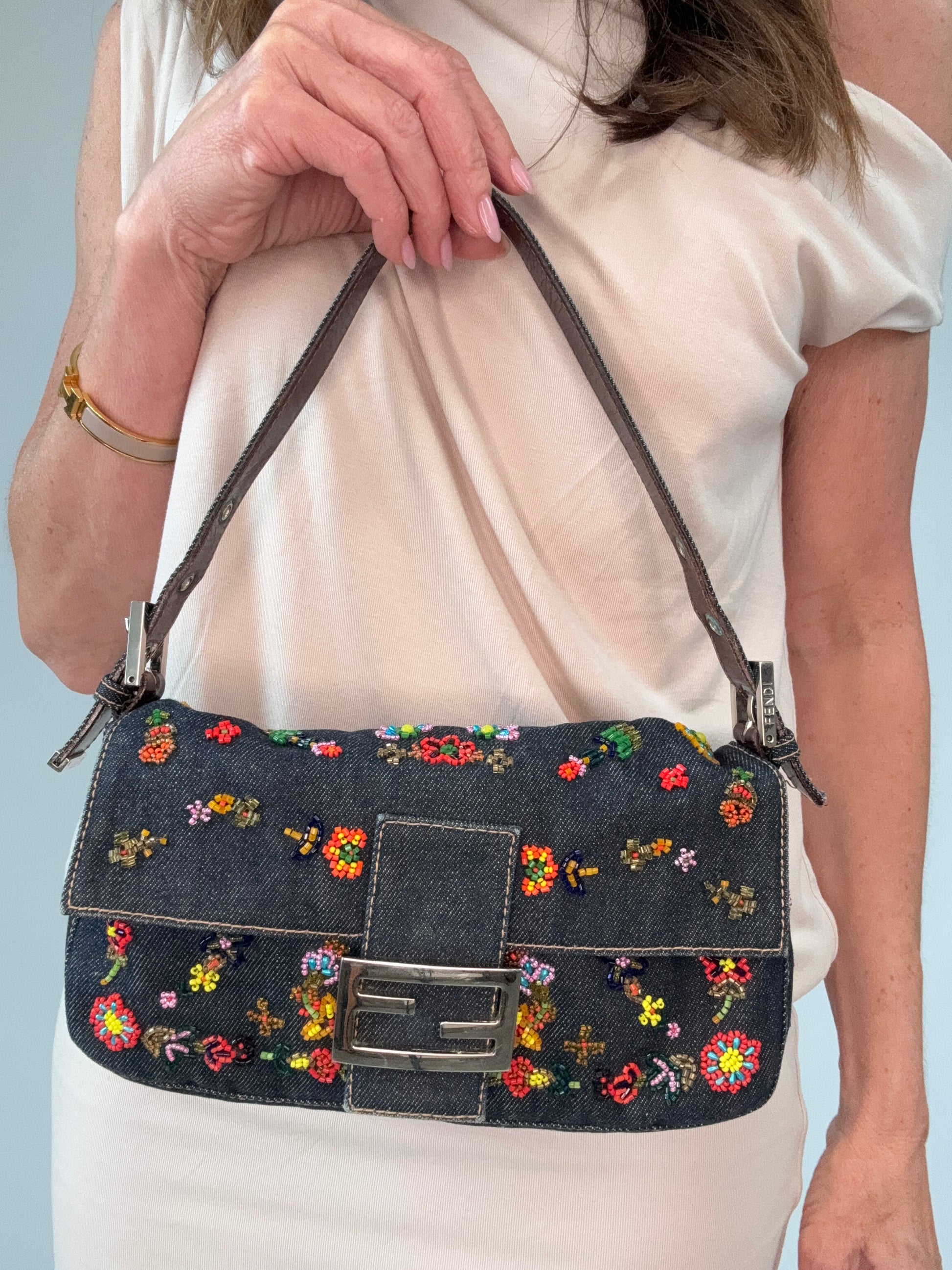 Fendi Denim Floral Beaded Baguette modeled 2