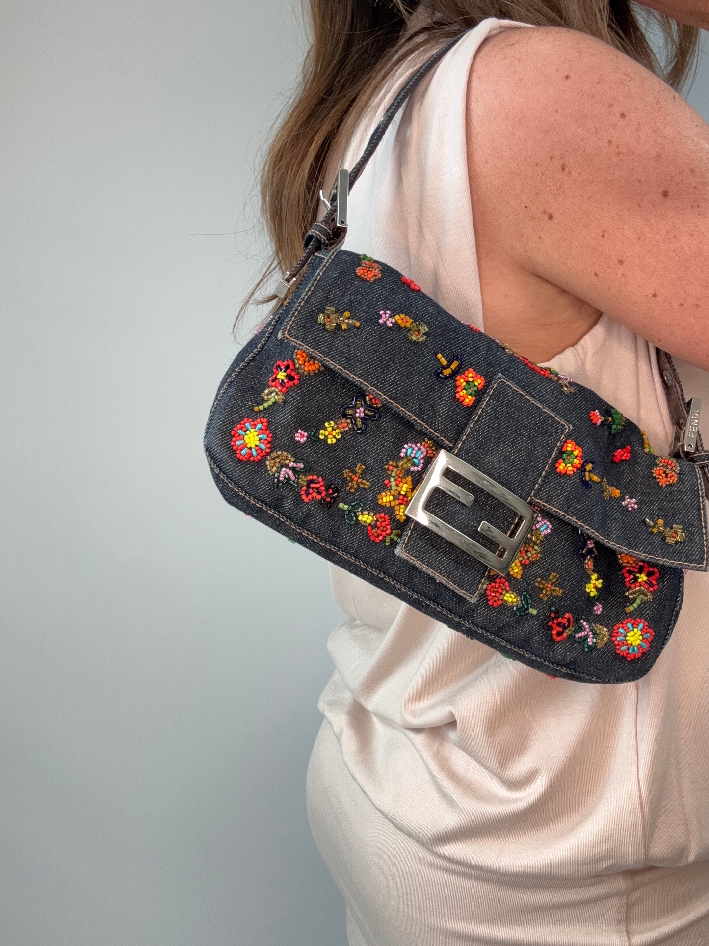 Fendi Denim Floral Beaded Baguette modeled