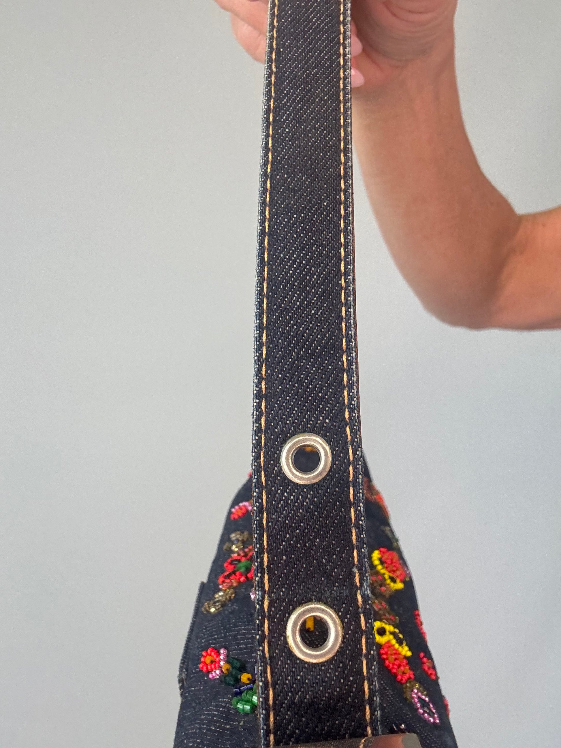 Fendi Denim Floral Beaded Baguette right side strap