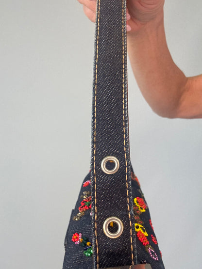 Fendi Denim Floral Beaded Baguette right side strap