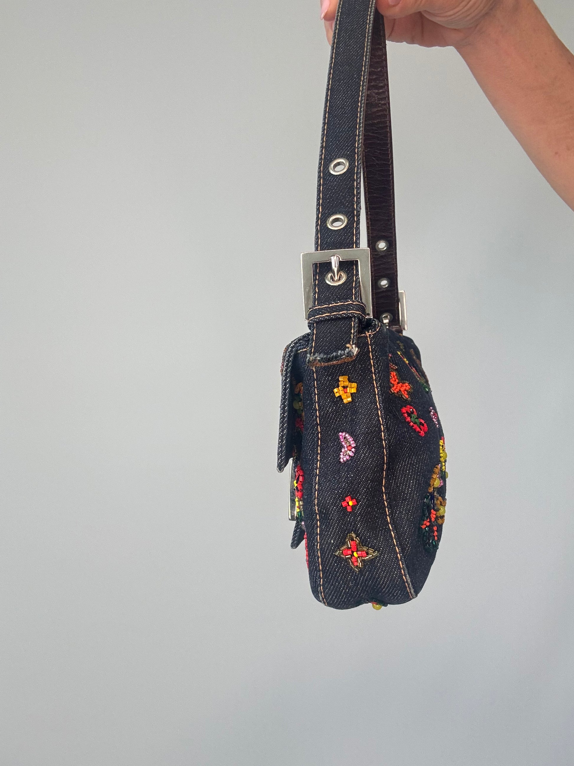 Fendi Denim Floral Beaded Baguette right side