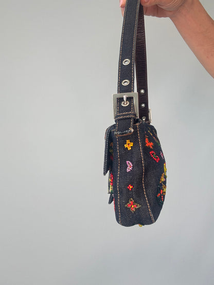 Fendi Denim Floral Beaded Baguette right side