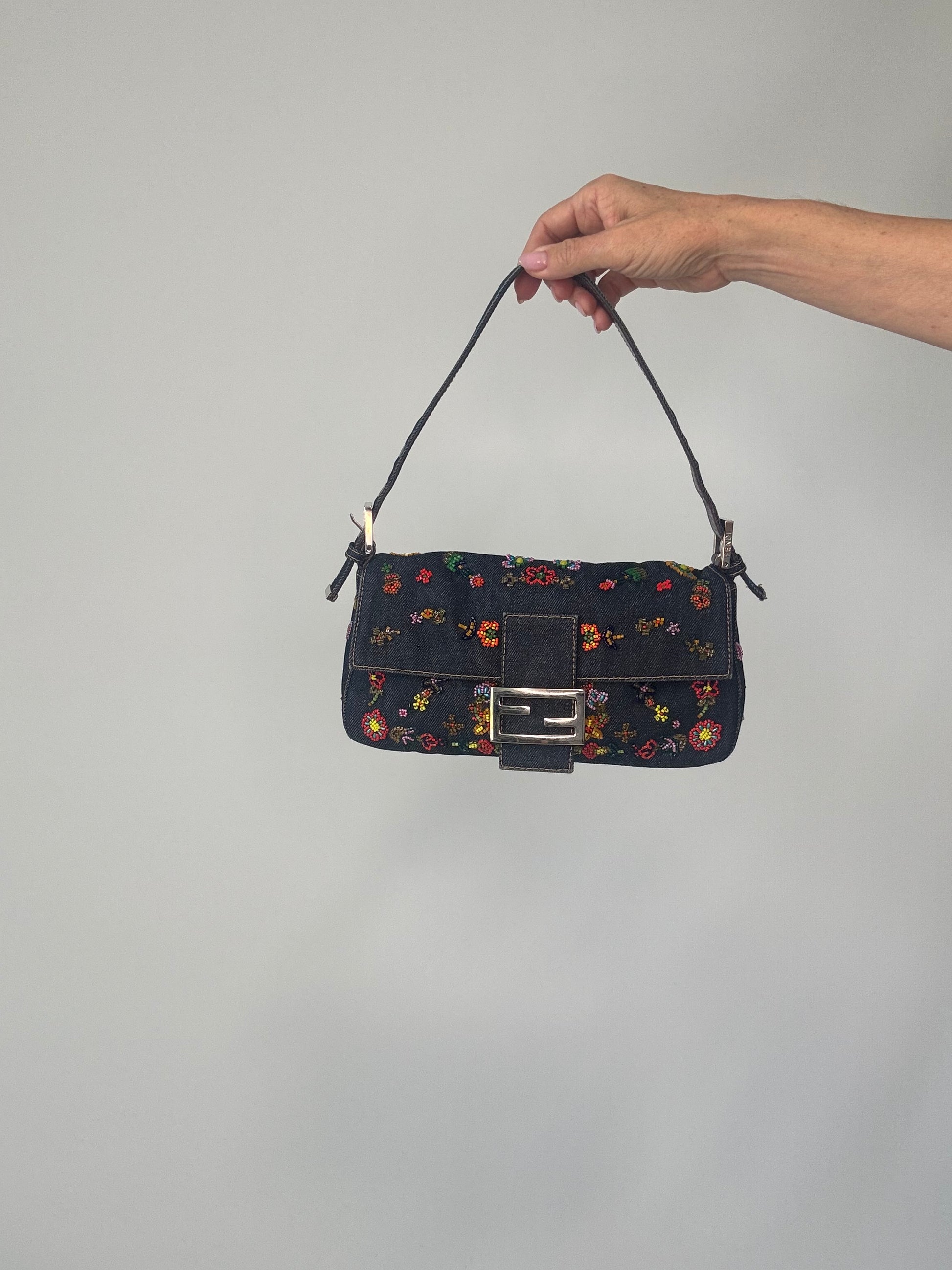 Fendi Denim Floral Beaded Baguette