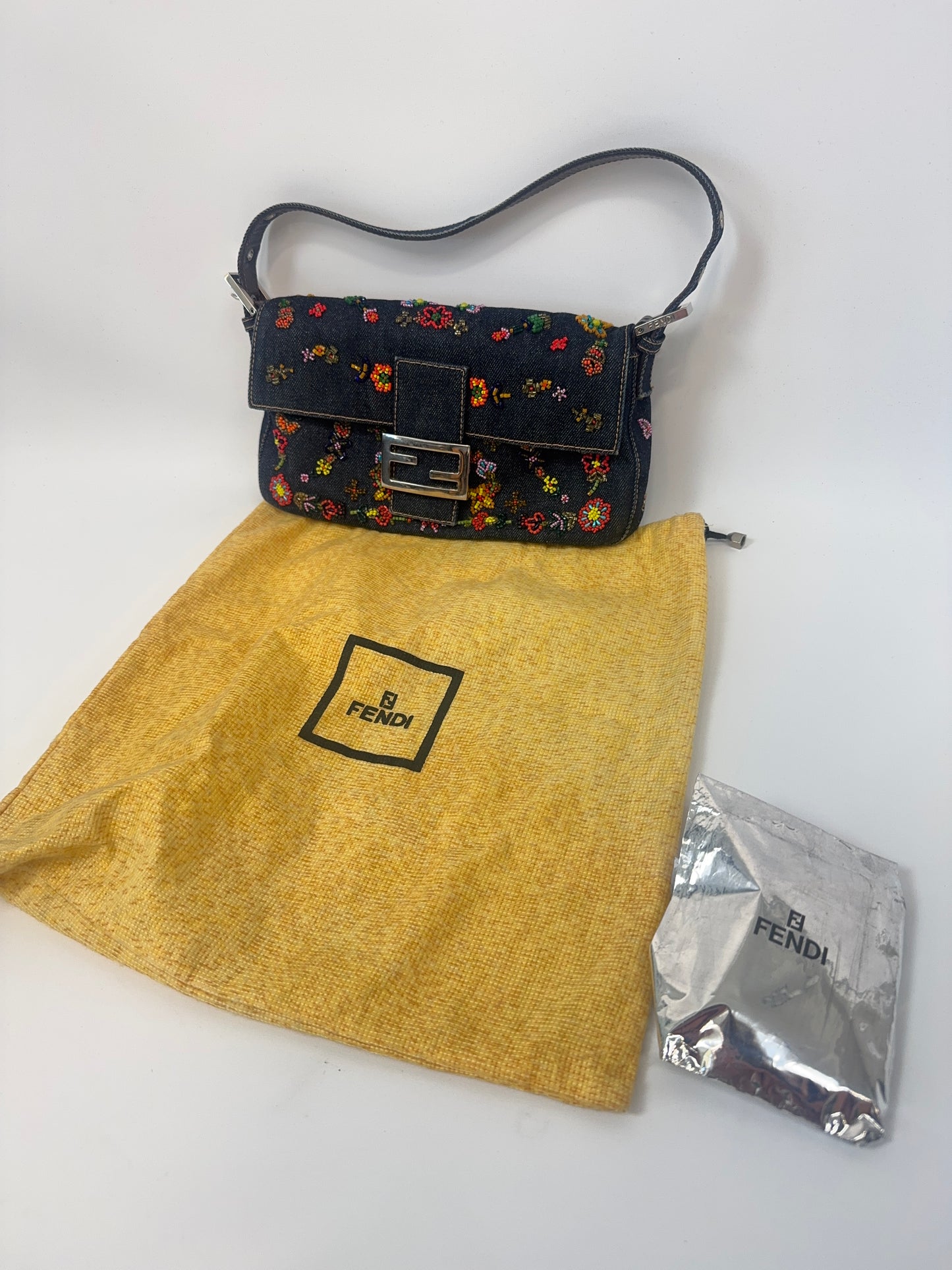 Fendi Denim Floral Beaded Baguette with dust bag