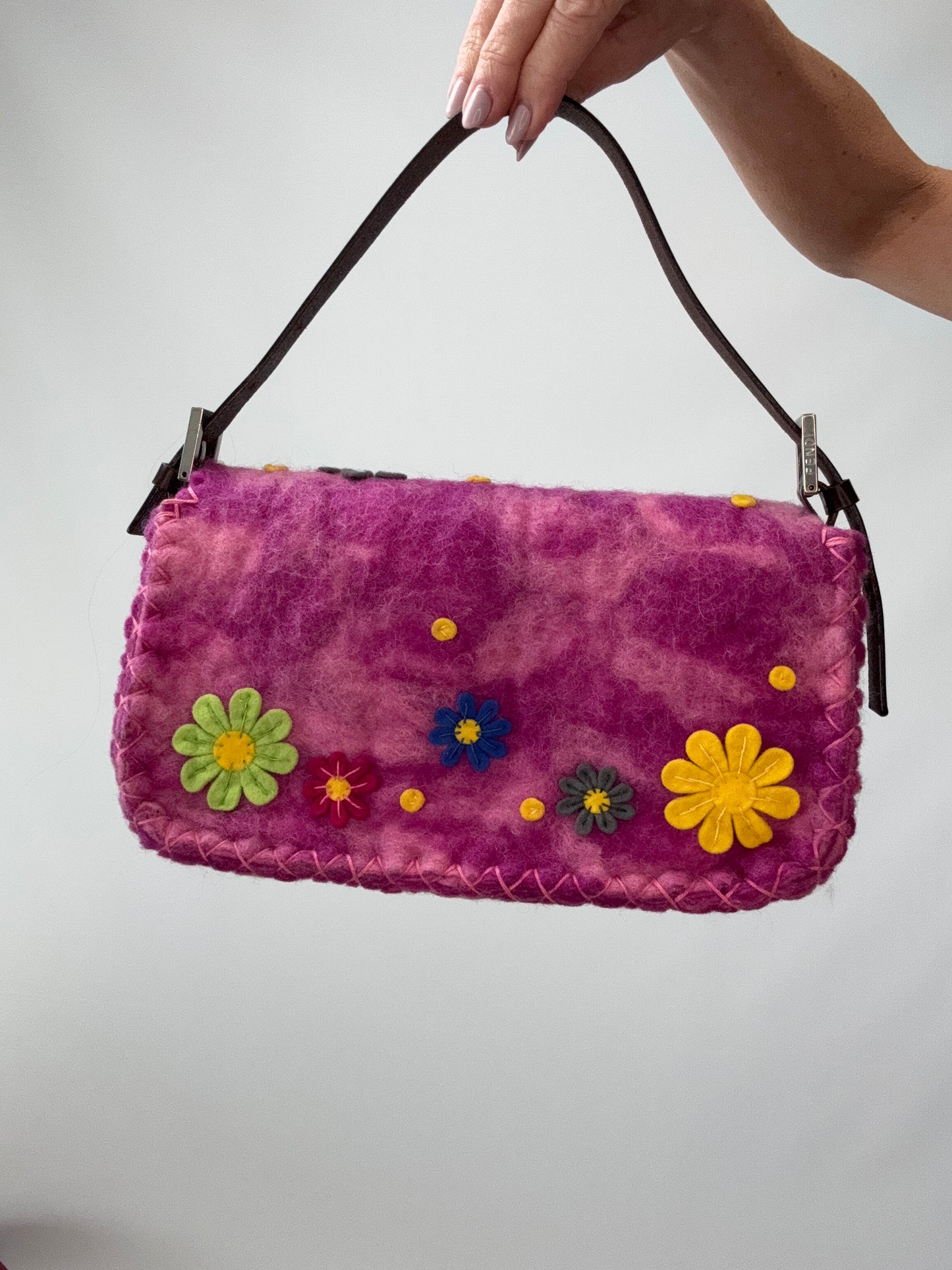 Fendi Felt Flower Applique Baguette - Pink back of handbag