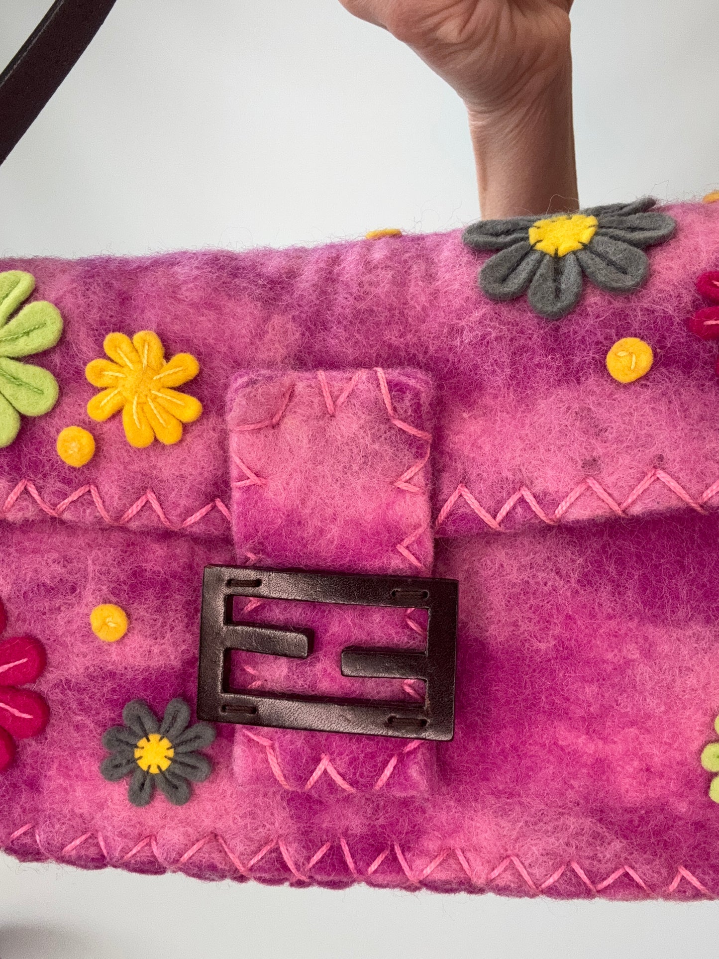 Fendi Felt Flower Applique Baguette - Pink front of handbag and wood logo 