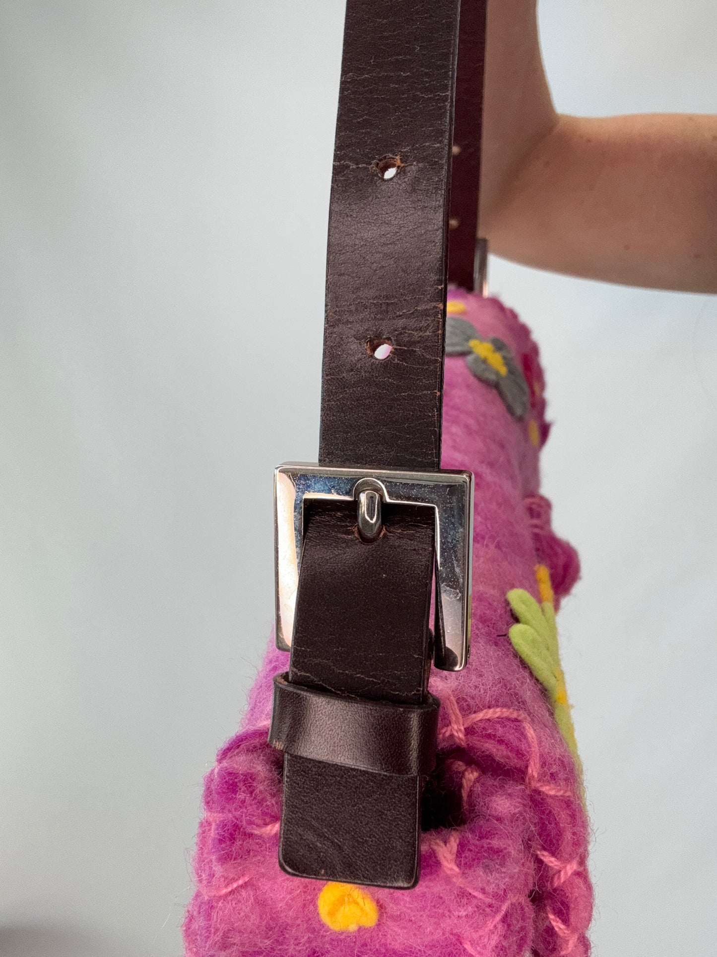 Fendi Felt Flower Applique Baguette - Pink silver hardware