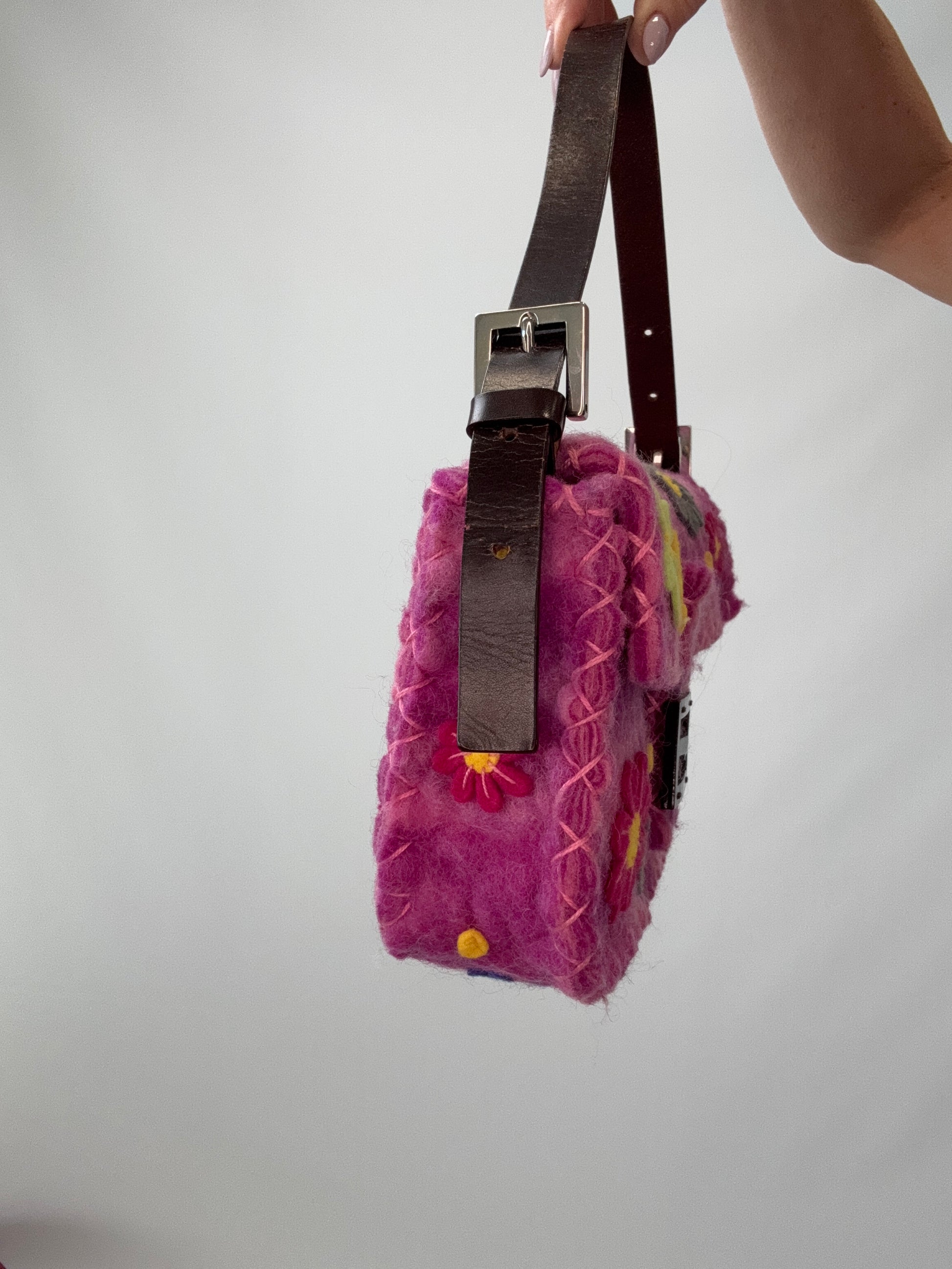 Fendi Felt Flower Applique Baguette - Pink left side of handbag