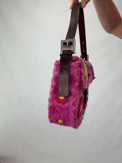 Fendi Felt Flower Applique Baguette - Pink left side of handbag