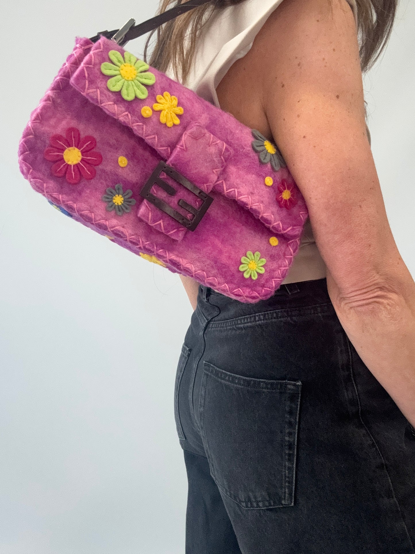 Fendi Felt Flower Applique Baguette - Pink modeled