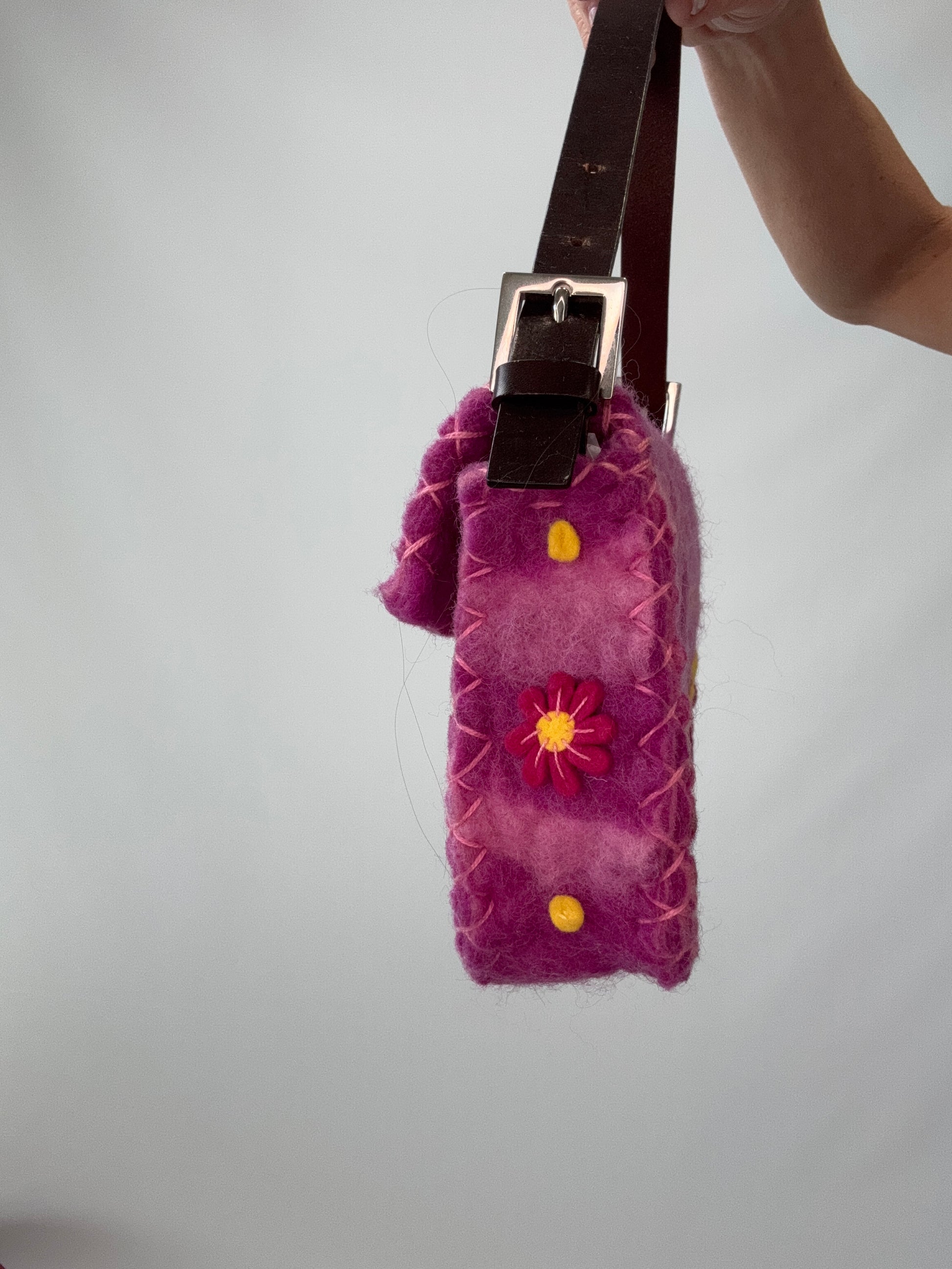 Fendi Felt Flower Applique Baguette - Pink right side of handbag