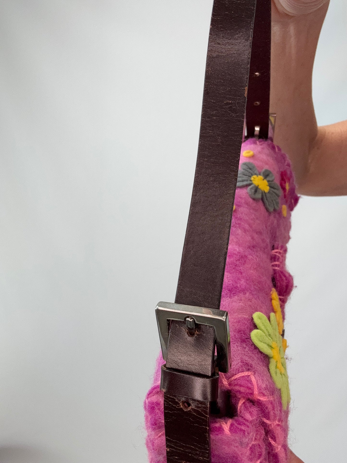 Fendi Felt Flower Applique Baguette - Pink left side of strap