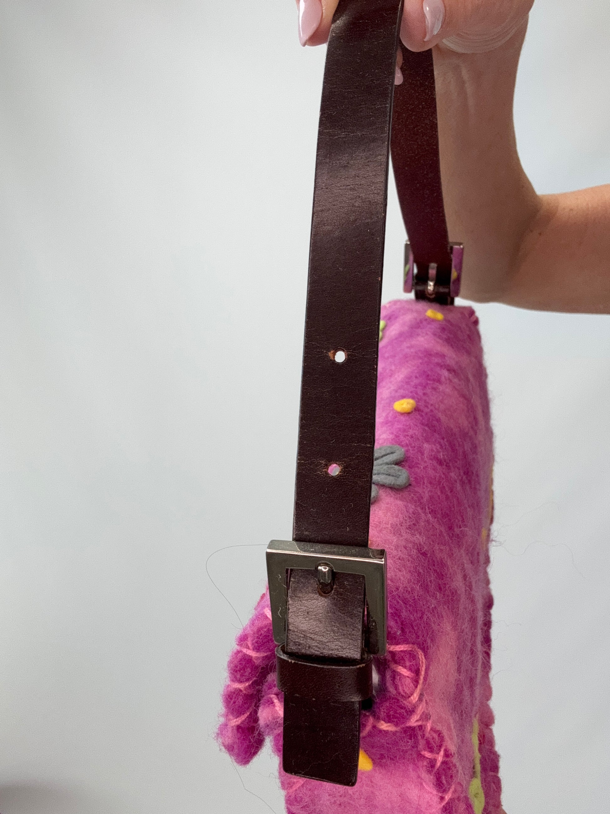 Fendi Felt Flower Applique Baguette - Pink right side of strap