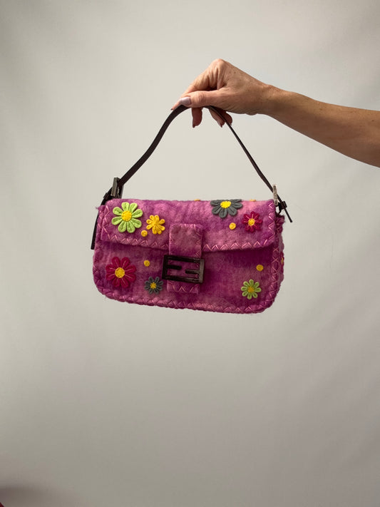 Fendi Felt Flower Applique Baguette - Pink