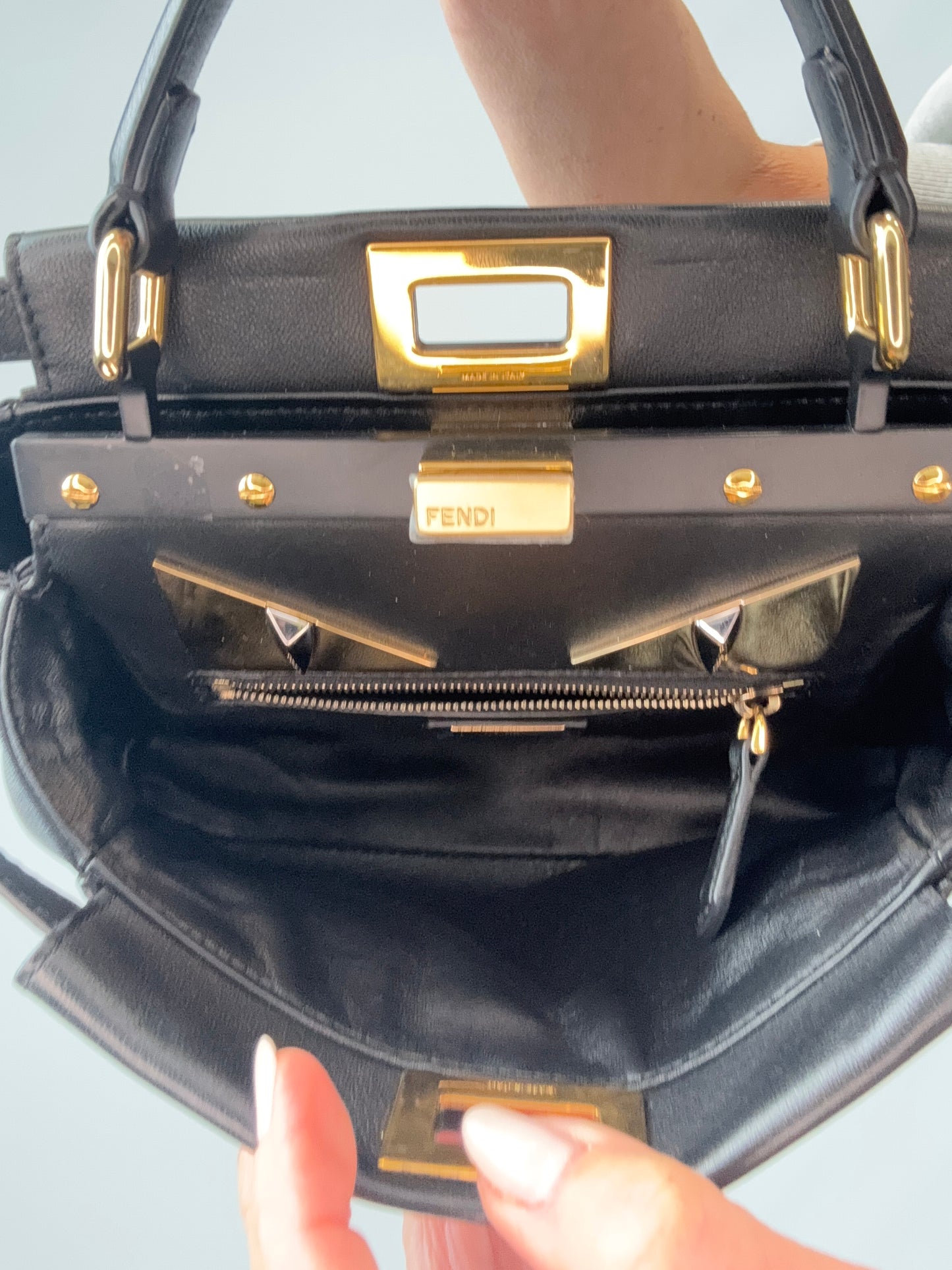 Fendi Monster Eyes Mini Peekaboo Satchel in Black interior 2