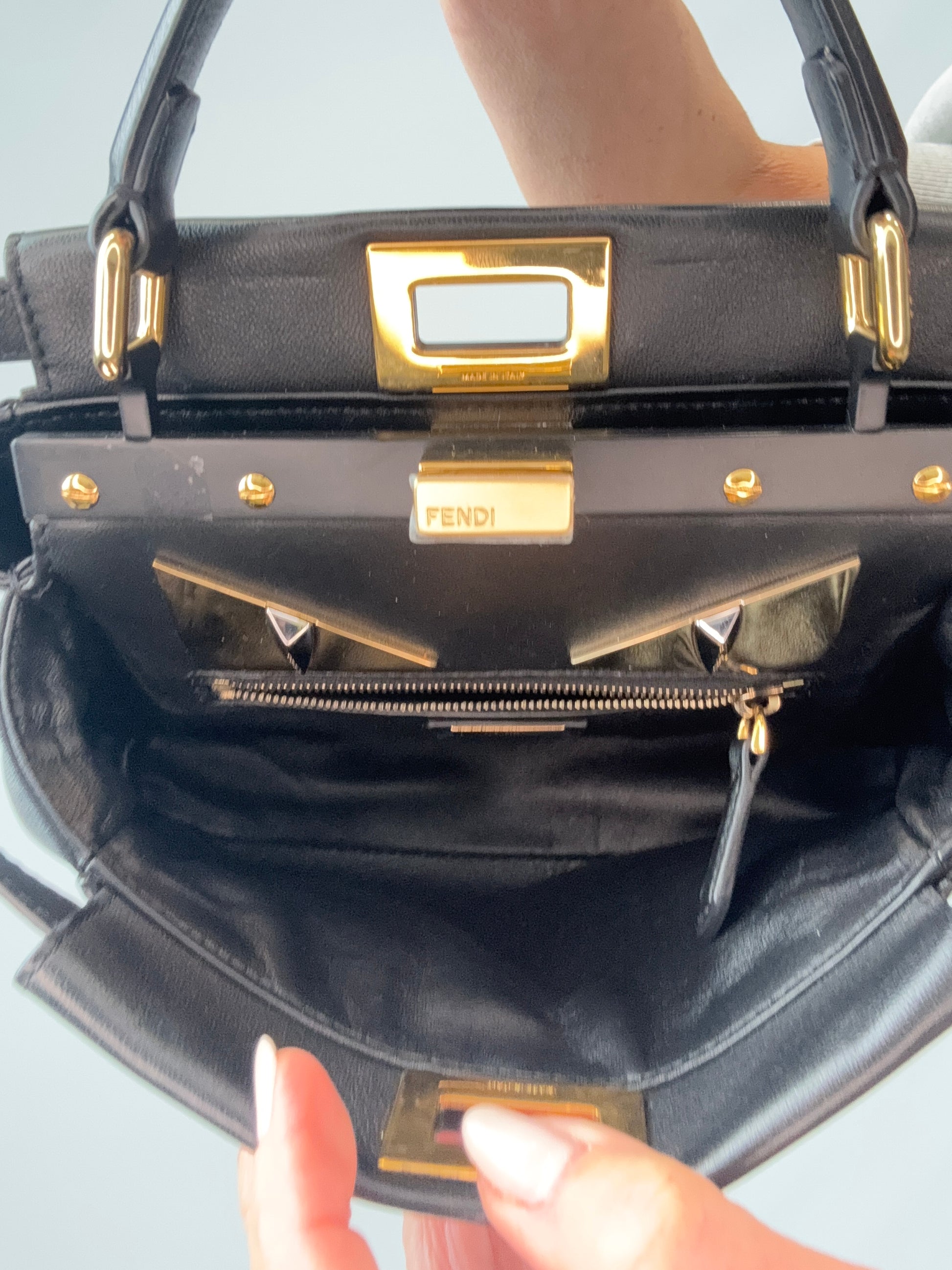 Fendi Monster Eyes Mini Peekaboo Satchel in Black interior 2