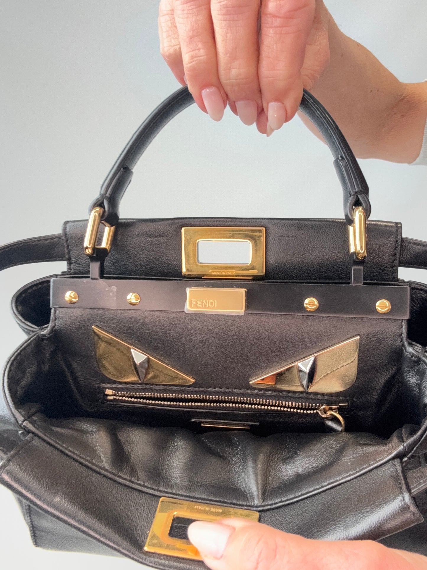 Fendi Monster Eyes Mini Peekaboo Satchel in Black interior with eyes