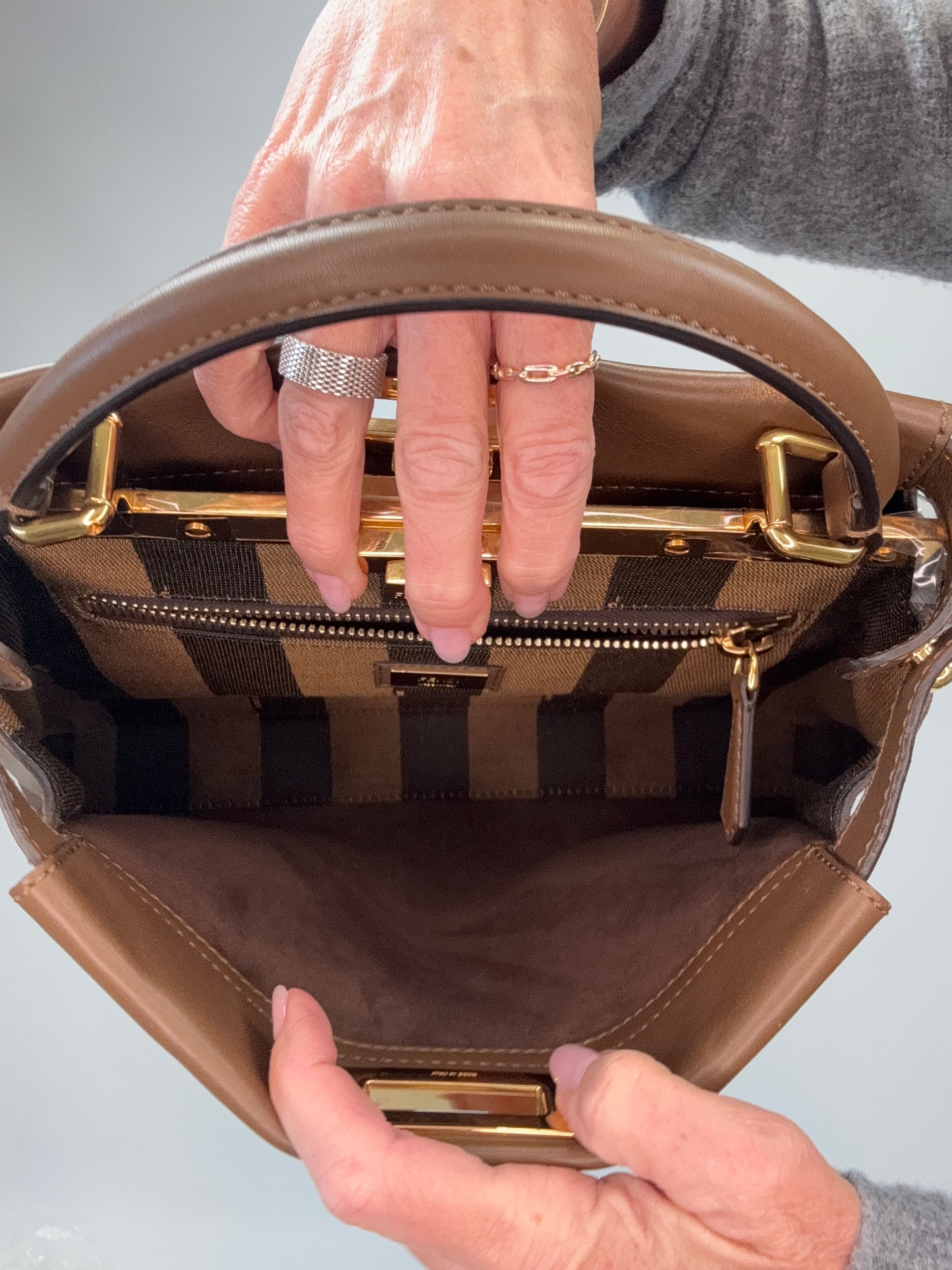 Fendi Peekaboo Two-Way Calfskin Leather Handbag - Brown front interior section