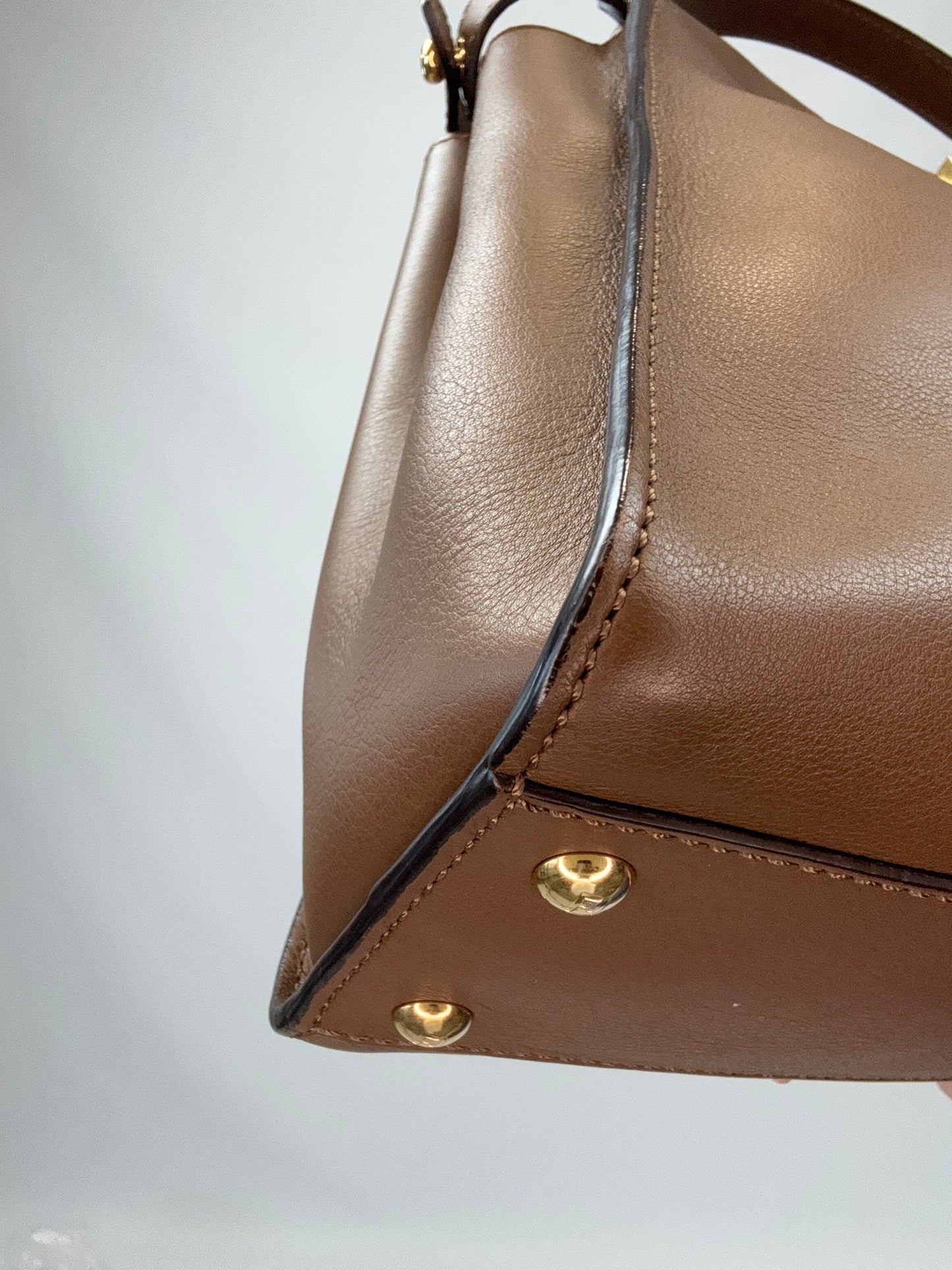 Fendi Peekaboo Two-Way Calfskin Leather Handbag - Brown front left bottom corner