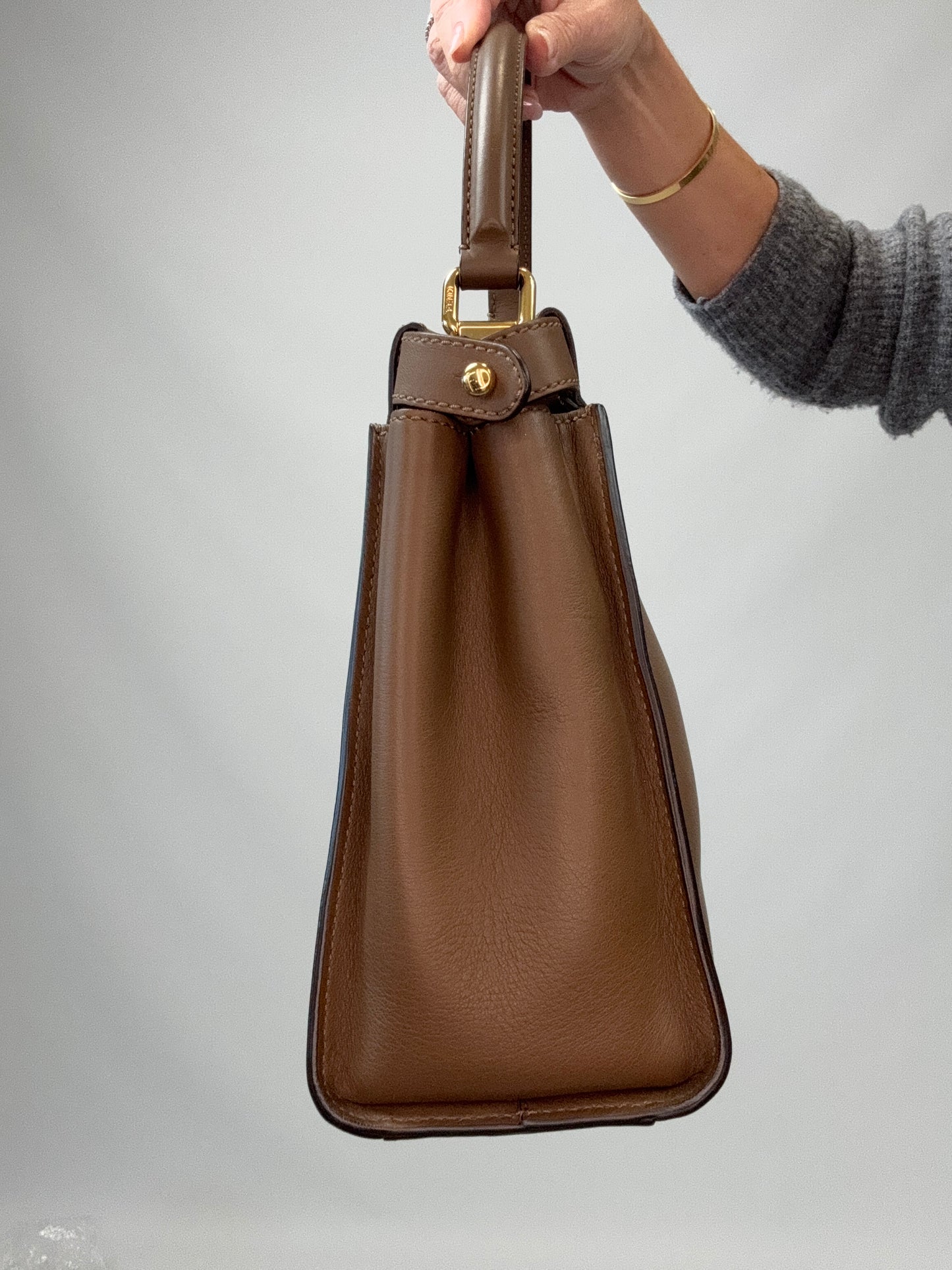 Fendi Peekaboo Two-Way Calfskin Leather Handbag - Brown left side of handbag
