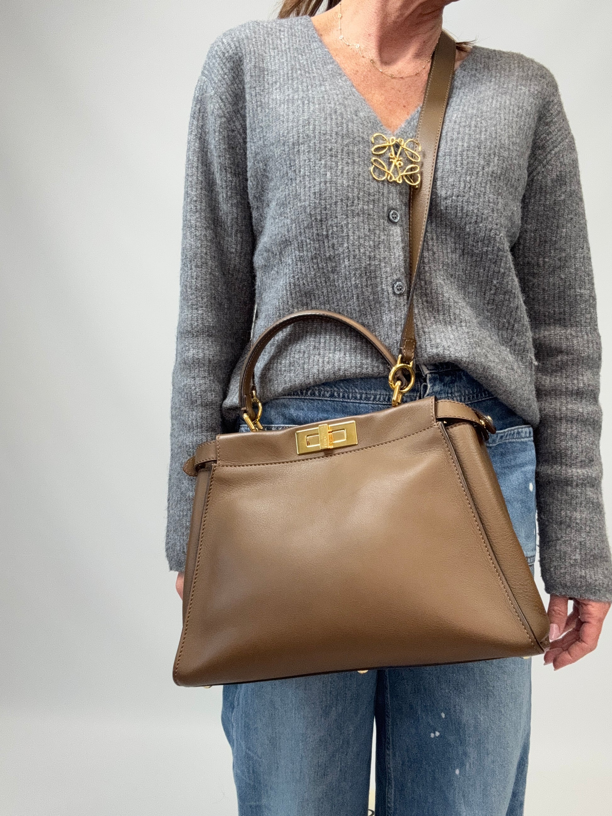 Fendi Peekaboo Two-Way Calfskin Leather Handbag - Brown modeled 2