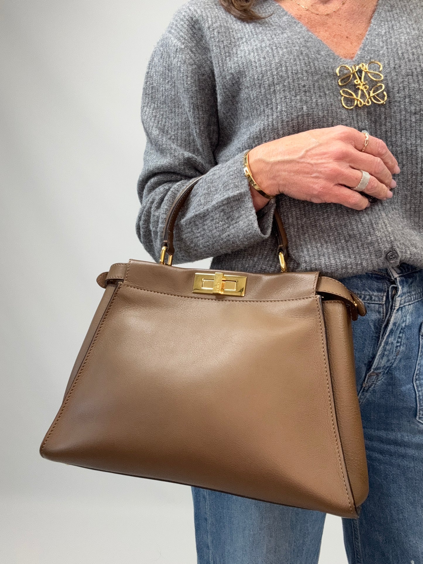 Fendi Peekaboo Two-Way Calfskin Leather Handbag - Brown modeled