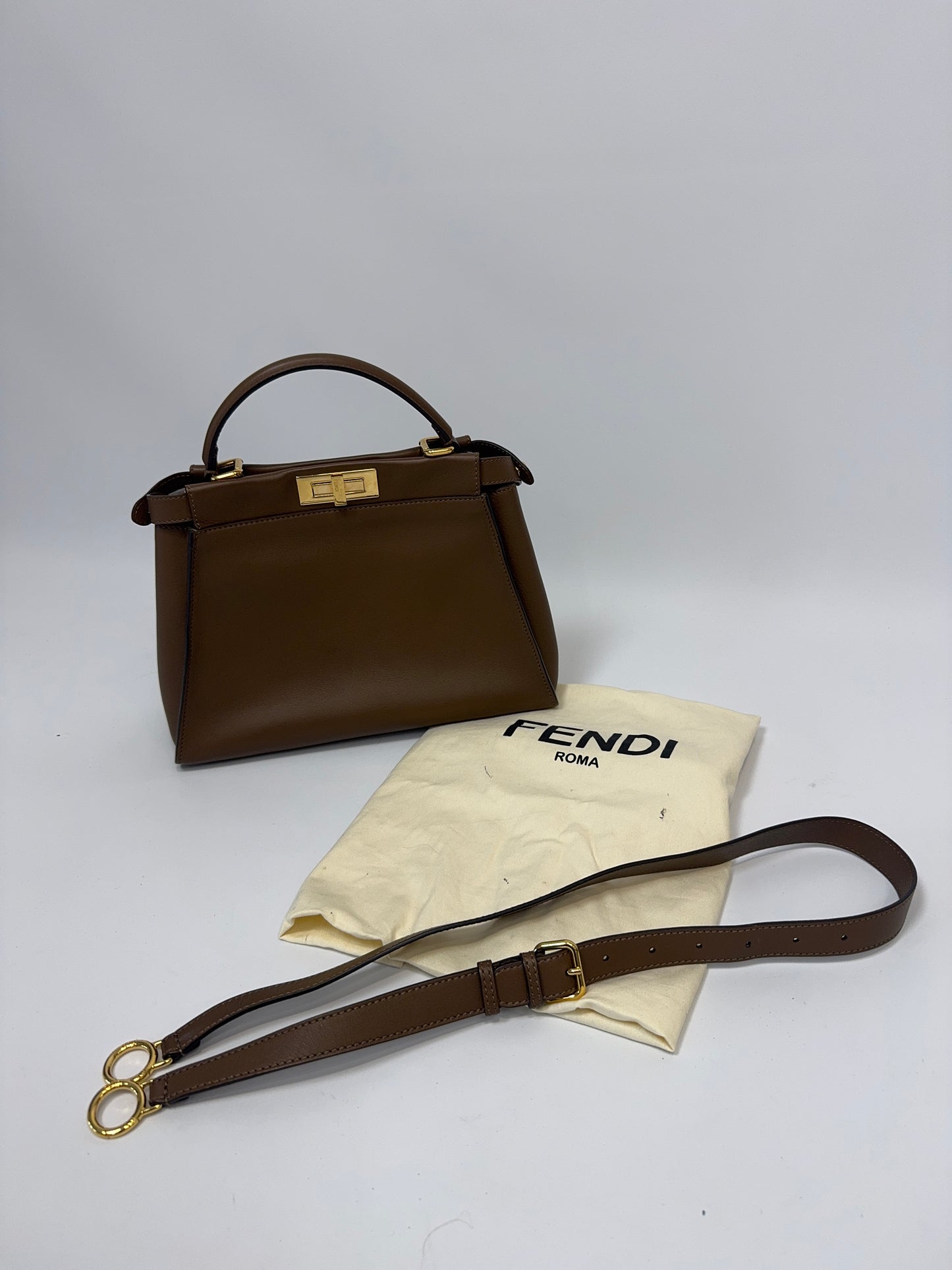 Fendi Peekaboo Two-Way Calfskin Leather Handbag - Brown with dust bag