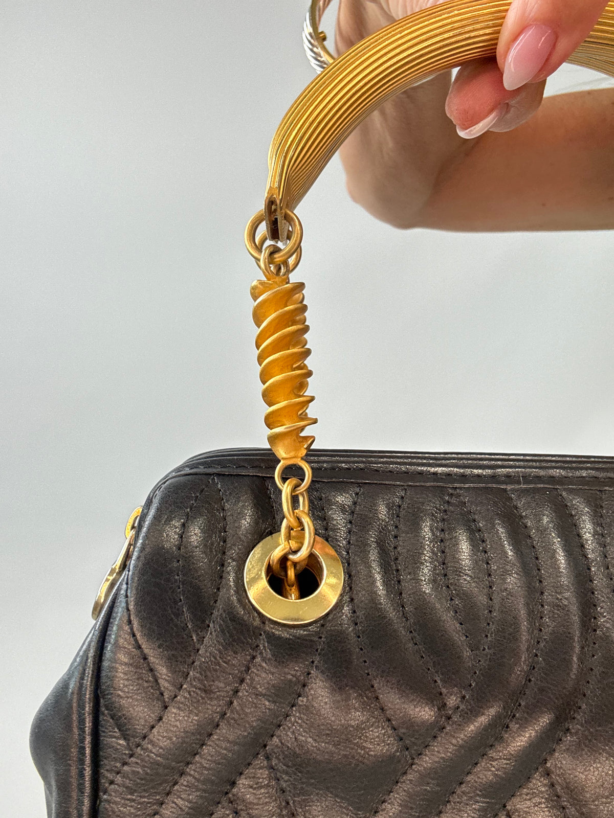 Fendi Quilted Black Leather Pasta Bag top handle back left side