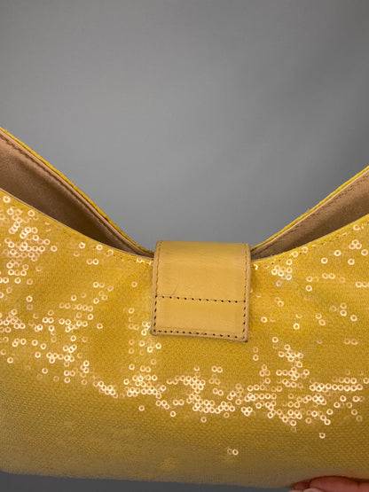 Fendi Yellow Sequin Mamma Baguette back of leather closure strap
