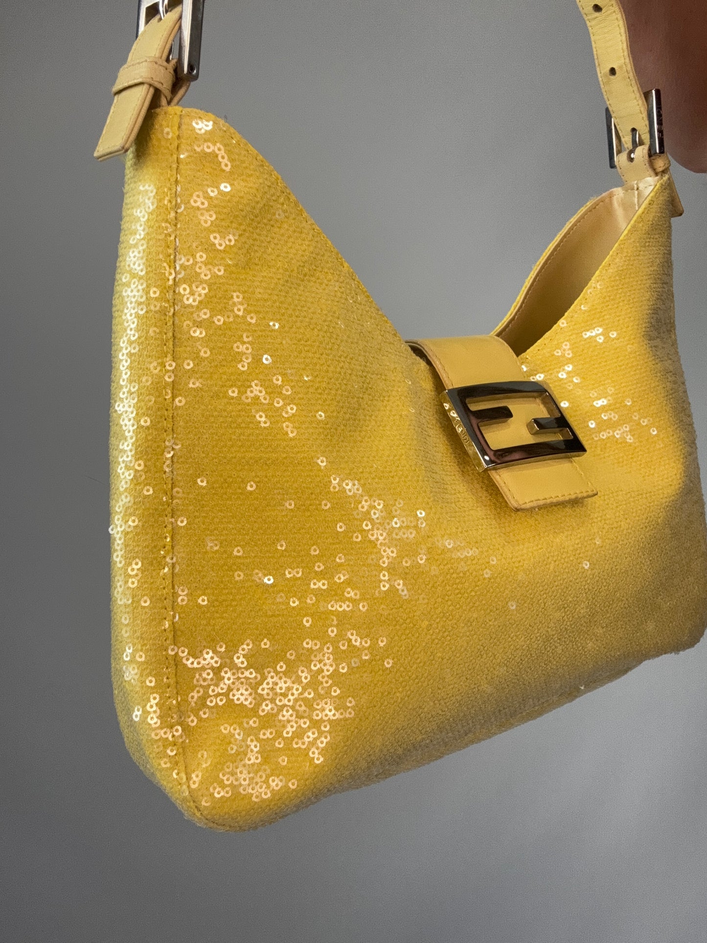 Fendi Yellow Sequin Mamma Baguette front left side view
