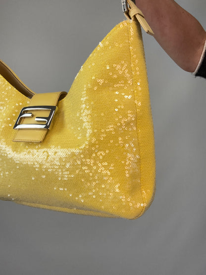 Fendi Yellow Sequin Mamma Baguette front right side view