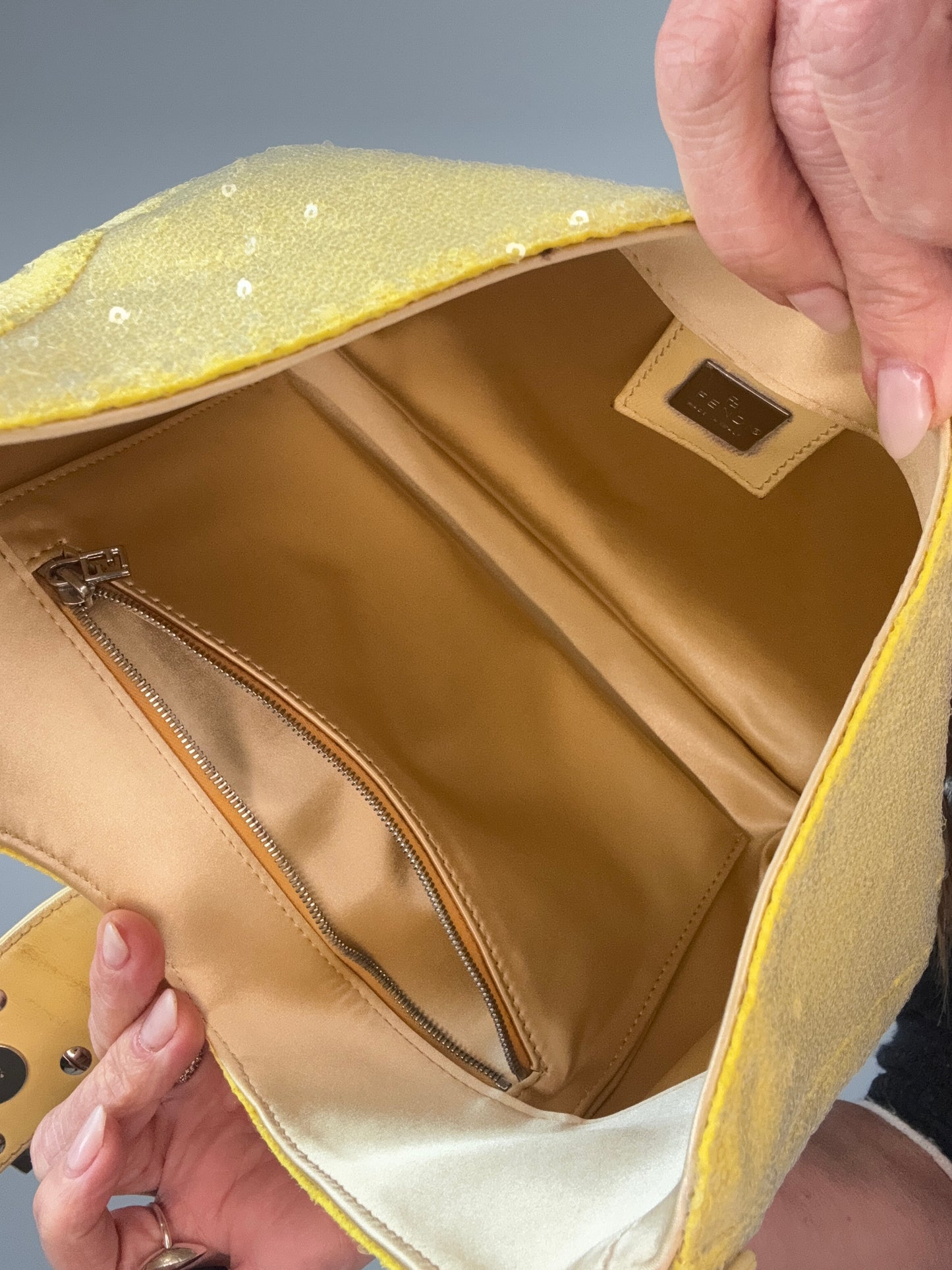 Fendi Yellow Sequin Mamma Baguette handbag interior 2