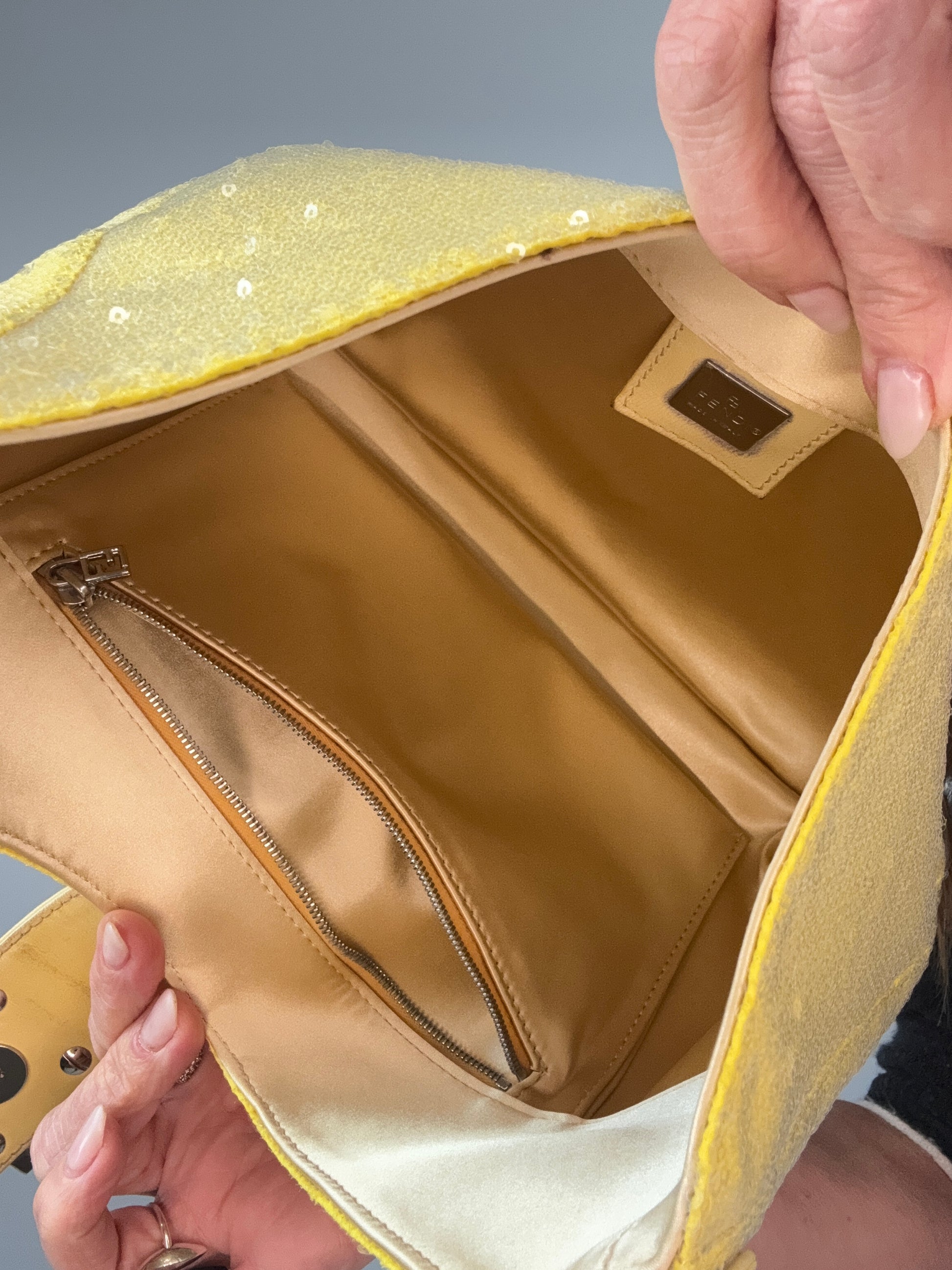 Fendi Yellow Sequin Mamma Baguette handbag interior 2