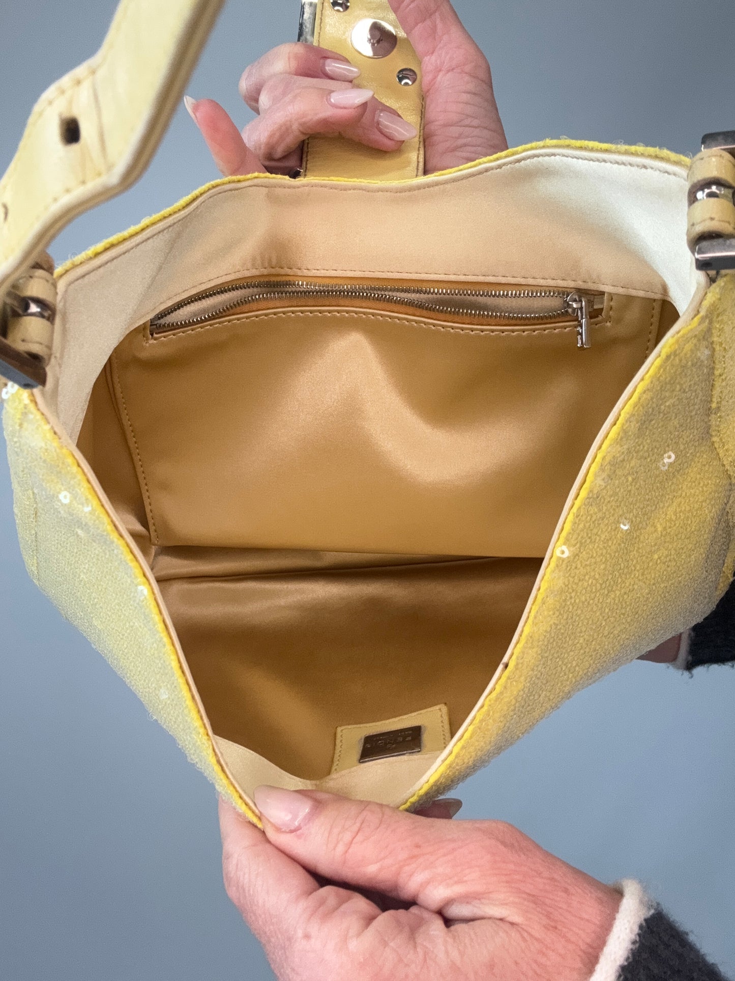 Fendi Yellow Sequin Mamma Baguette handbag interior