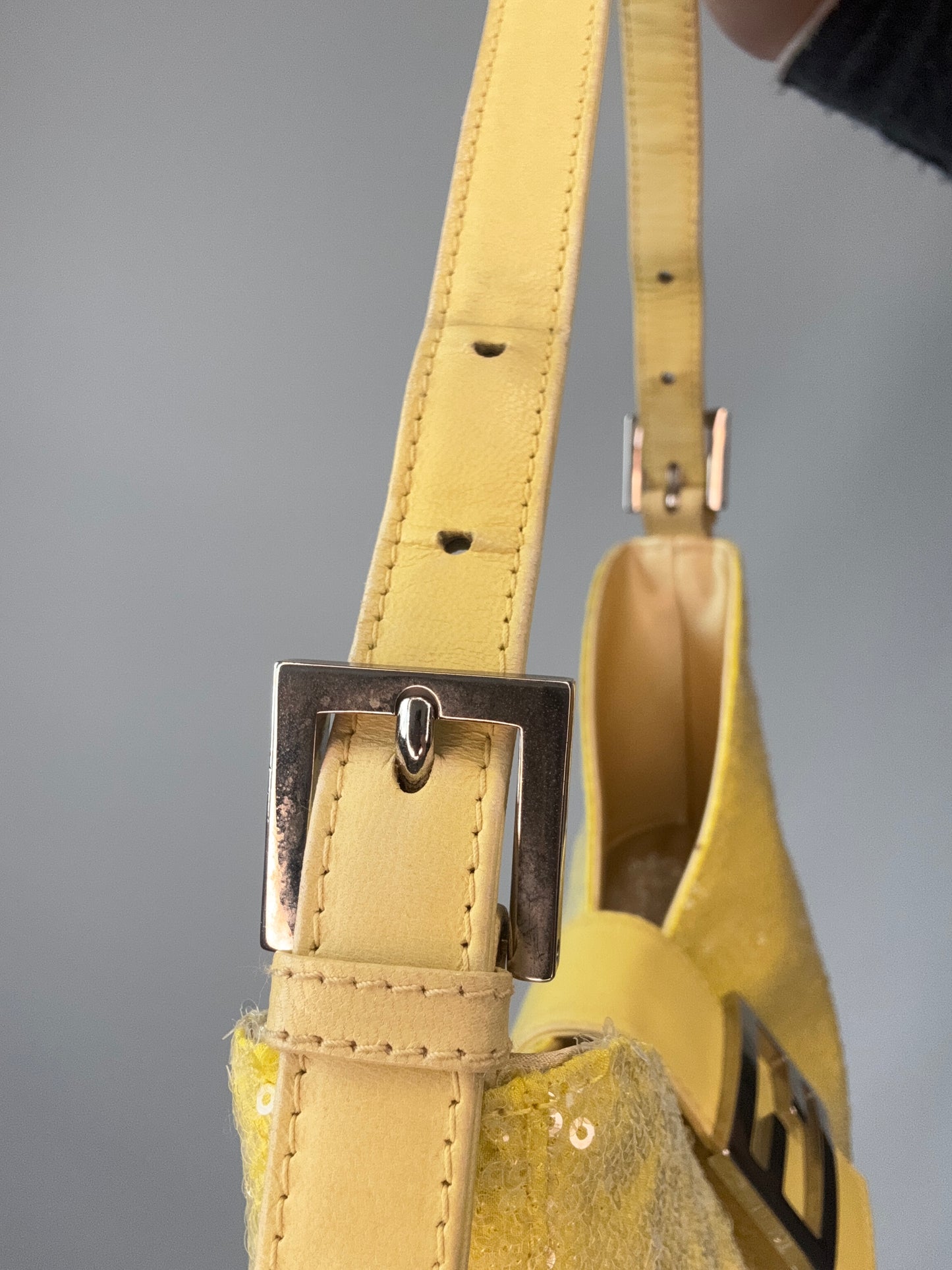Fendi Yellow Sequin Mamma Baguette left side of strap with buckle