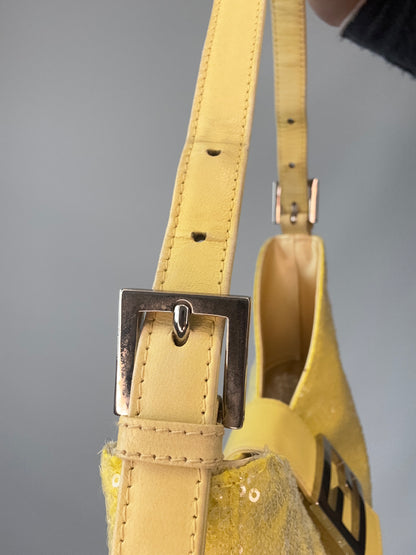 Fendi Yellow Sequin Mamma Baguette left side of strap with buckle