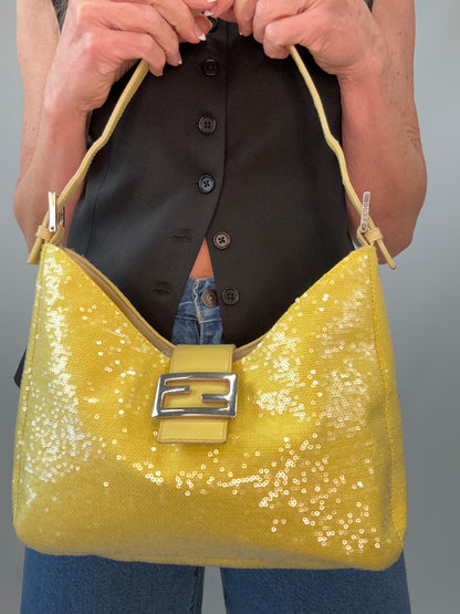 Fendi Yellow Sequin Mamma Baguette modeled 2