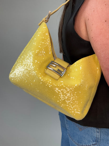Fendi Yellow Sequin Mamma Baguette modeled