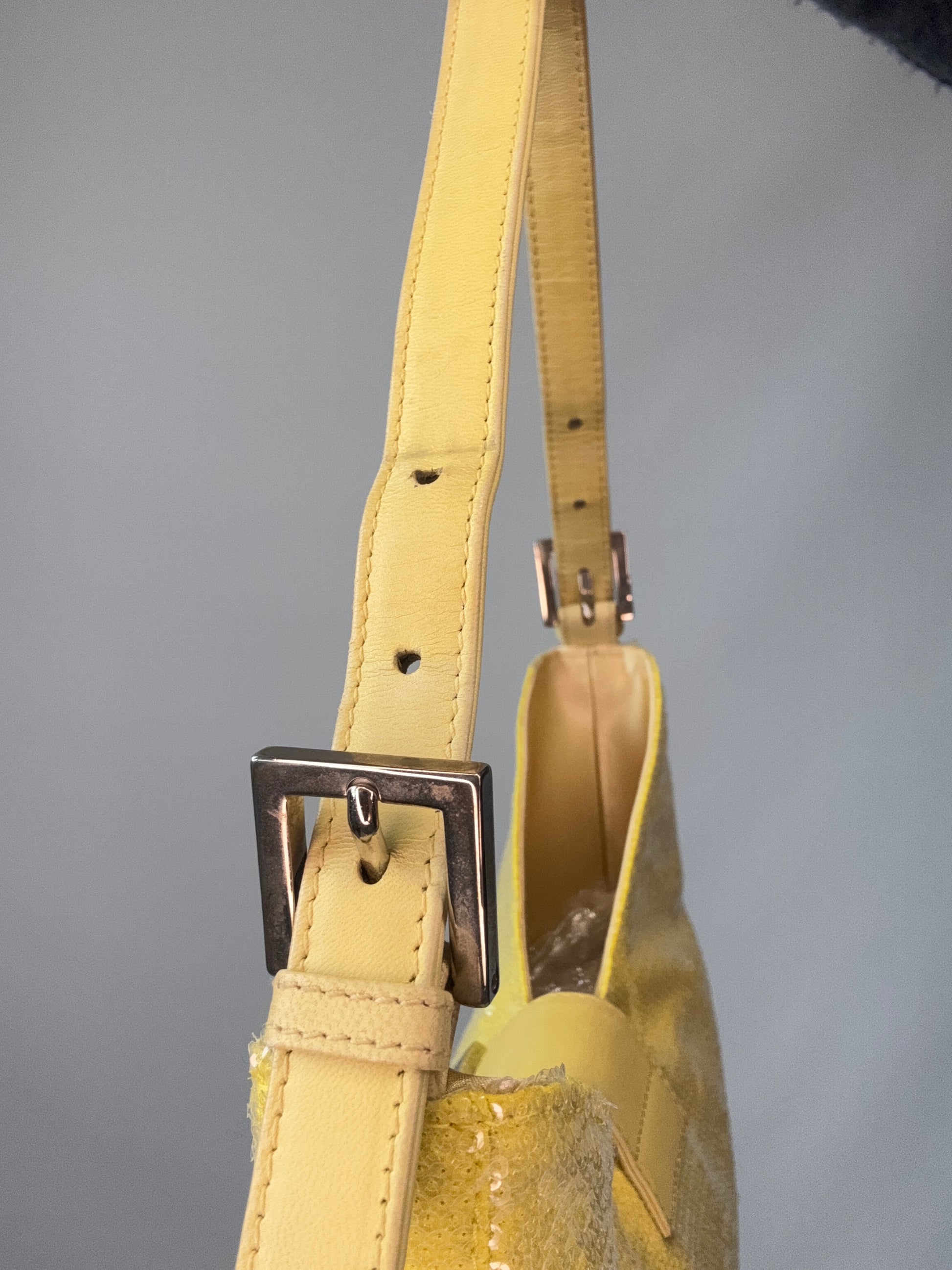 Fendi Yellow Sequin Mamma Baguette right side of strap with buckle