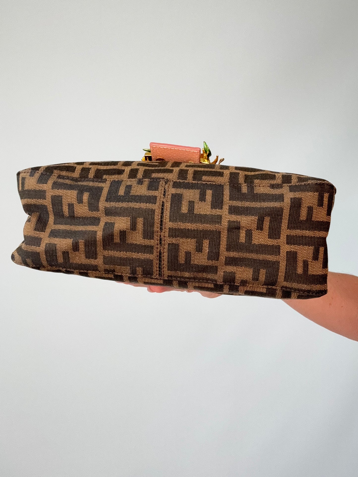 Fendi Zucca Crystal Enamel Floral Baguette bottom of handbag