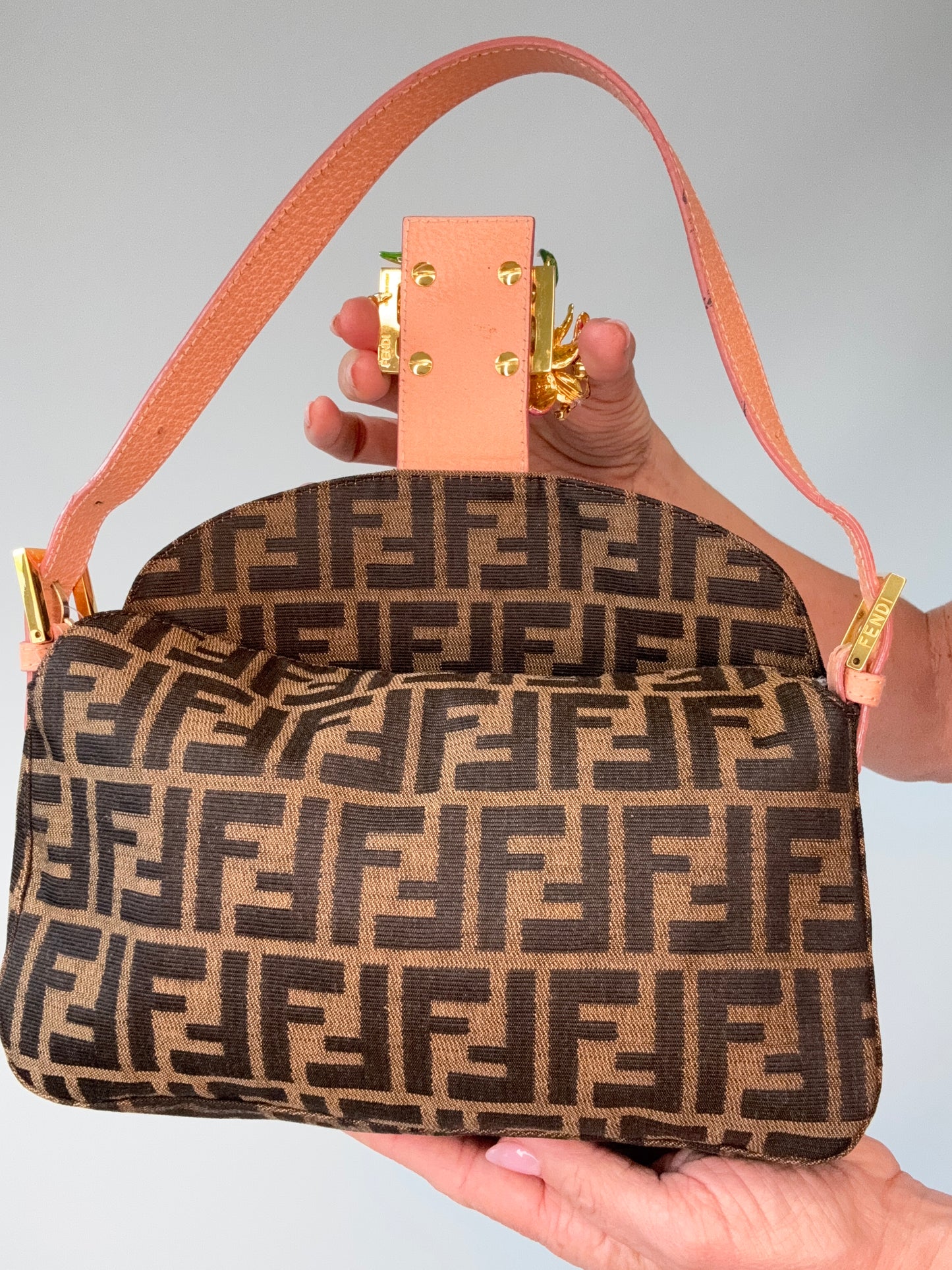 Fendi Zucca Crystal Enamel Floral Baguette flap interior