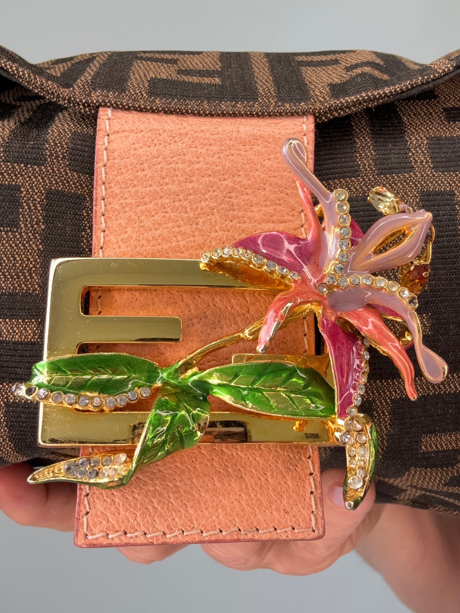 Fendi Zucca Crystal Enamel Floral Baguette flower close up