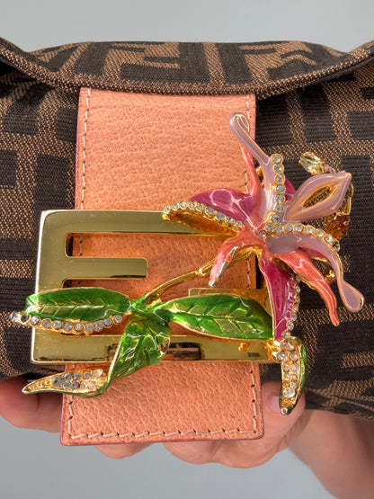 Fendi Zucca Crystal Enamel Floral Baguette flower close up