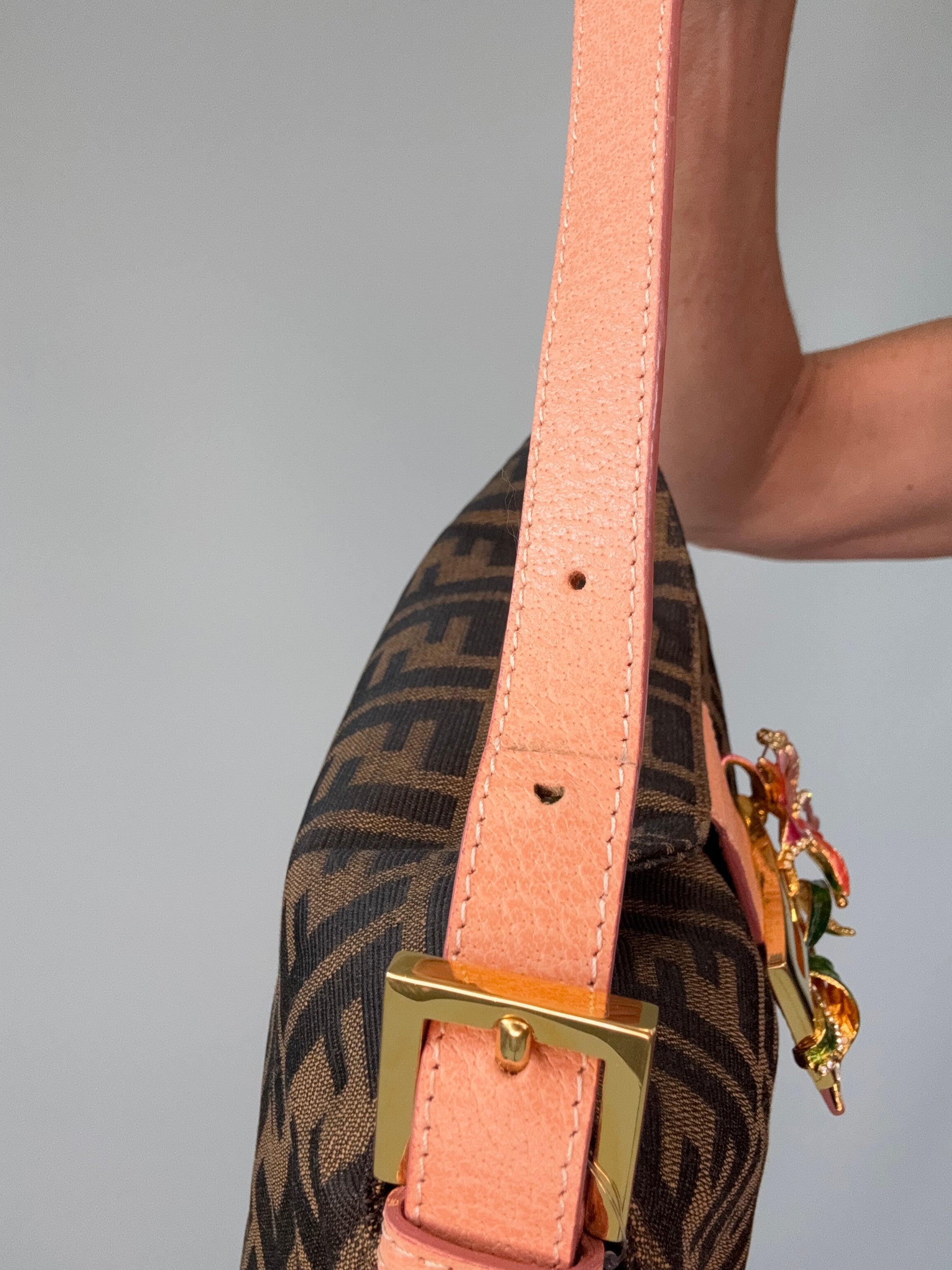 Fendi Zucca Crystal Enamel Floral Baguette left side strap